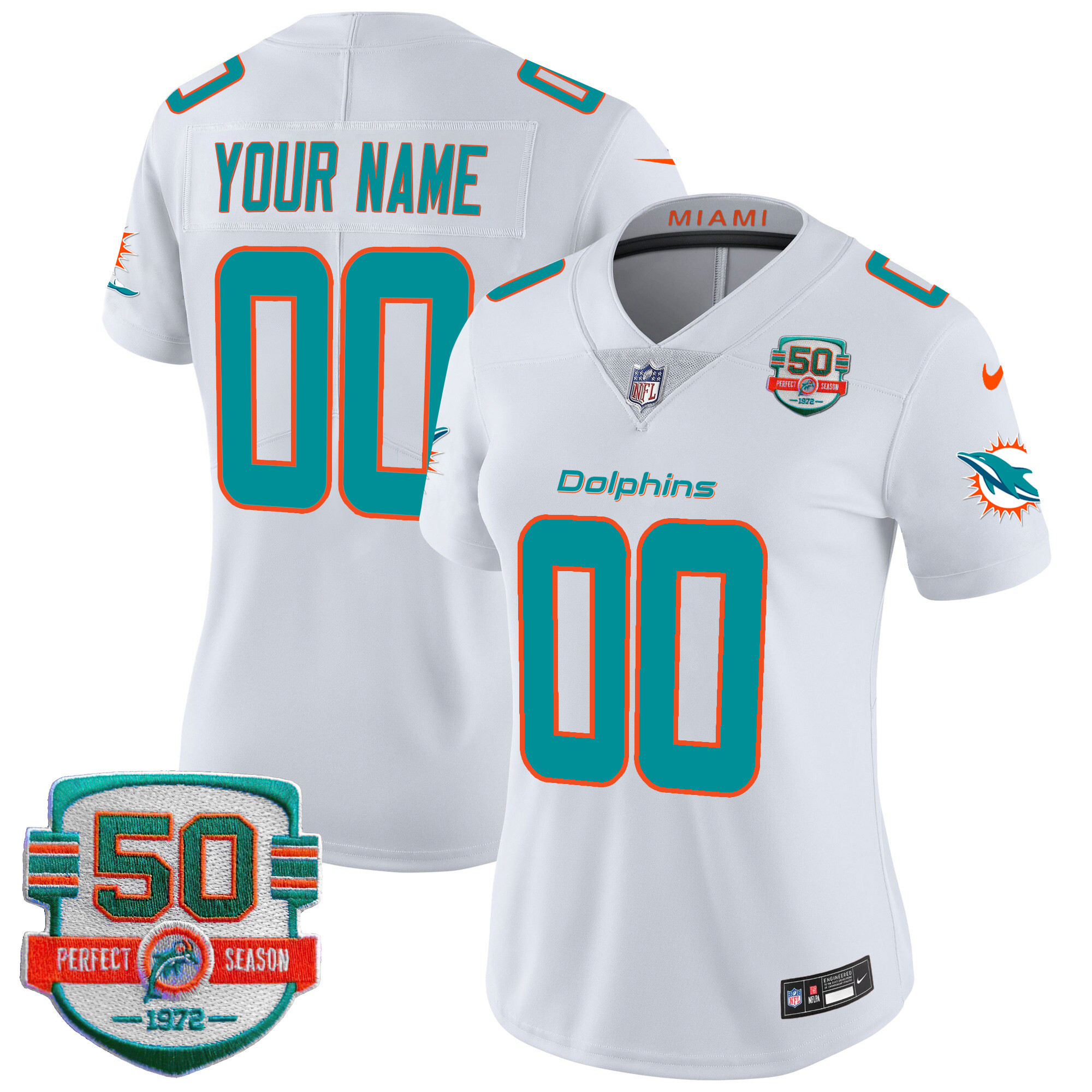 Women's Miami Dolphins 50th 1972 Perfect Season Patch Vapor Custom White Jersey - All Stitched