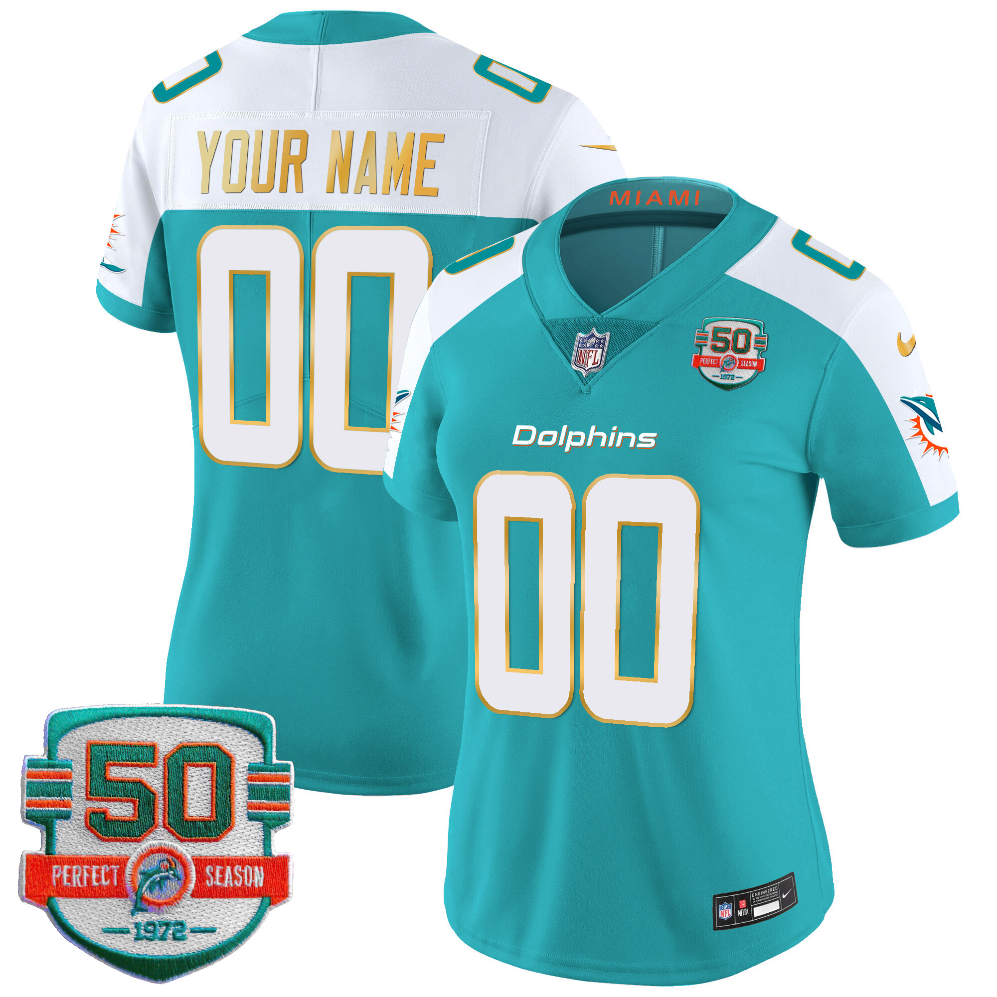 Women's Miami Dolphins Gold Trim Vapor Limited Custom Aqua Alternate Jersey - All Stitched