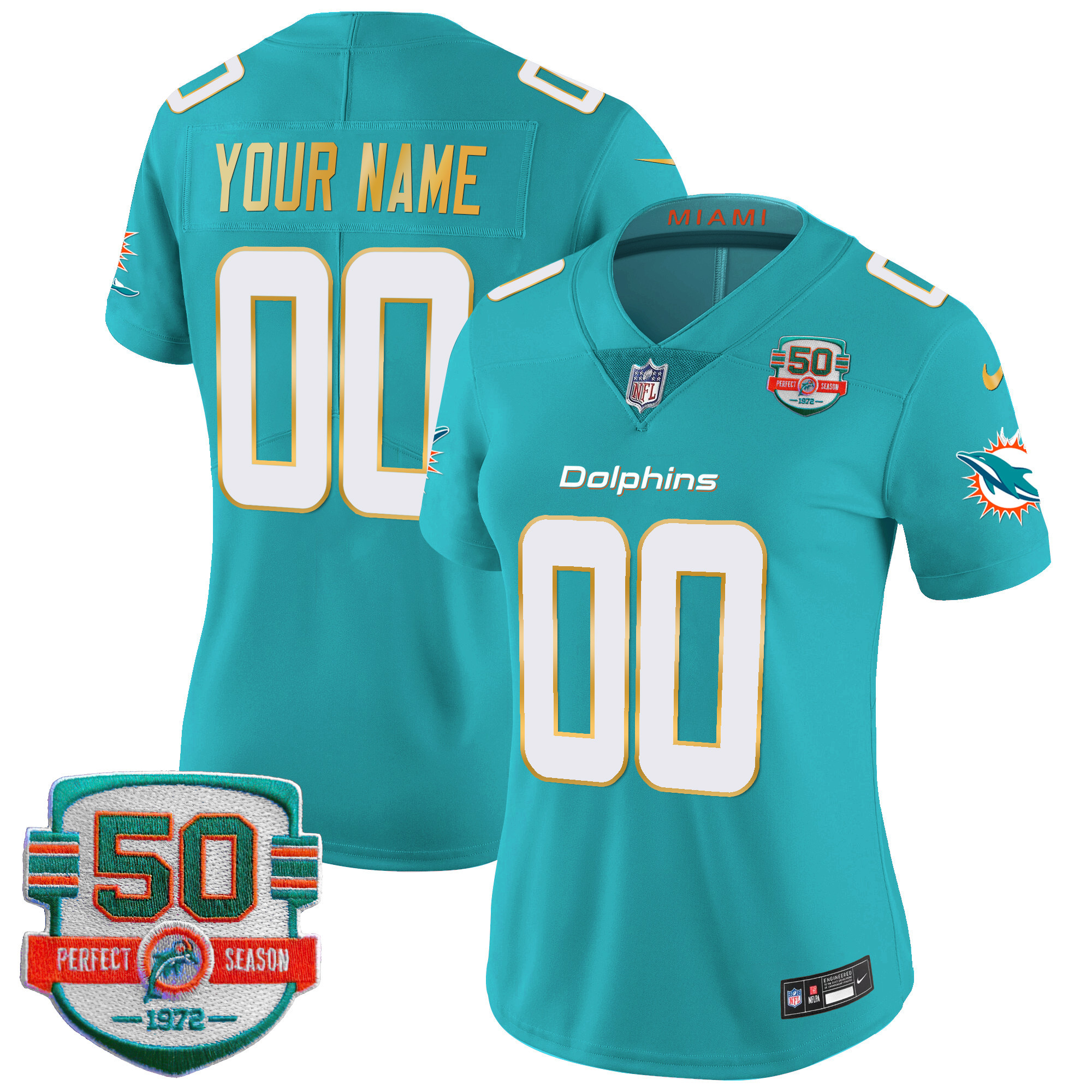 Women's Miami Dolphins Gold Trim Vapor Limited Custom Aqua Jersey - All Stitched