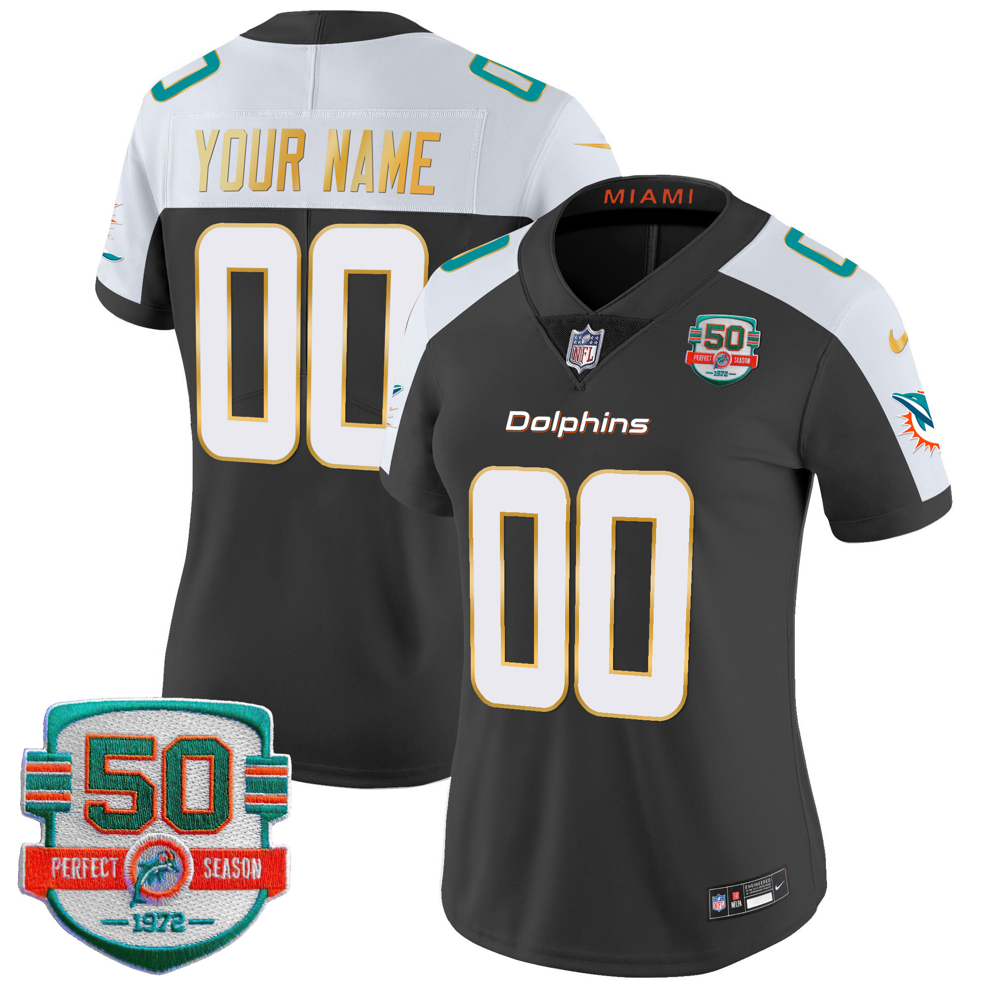 Women's Miami Dolphins Gold Trim Vapor Limited Custom Black Alternate Jersey - All Stitched