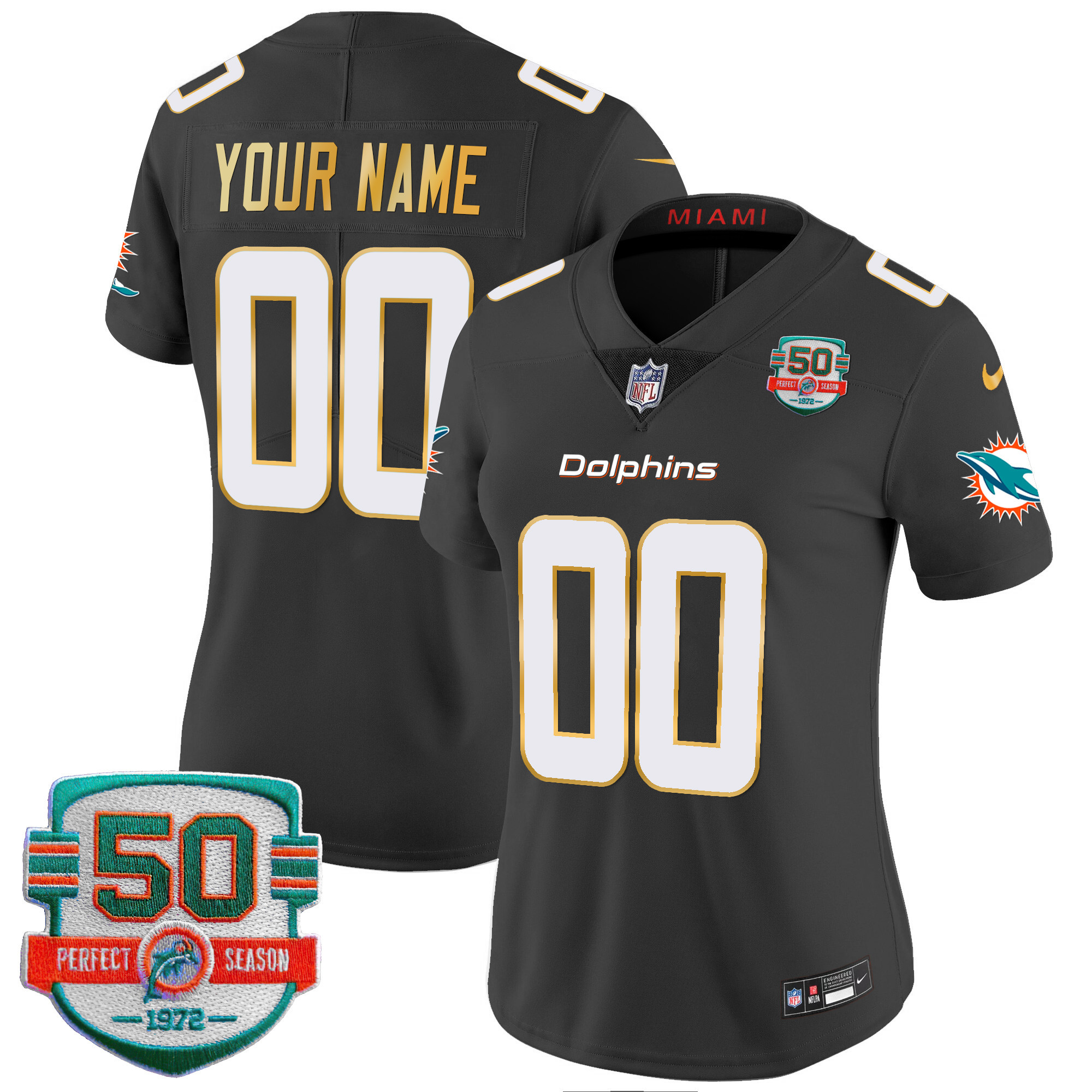 Women's Miami Dolphins Gold Trim Vapor Limited Custom Black Jersey - All Stitched
