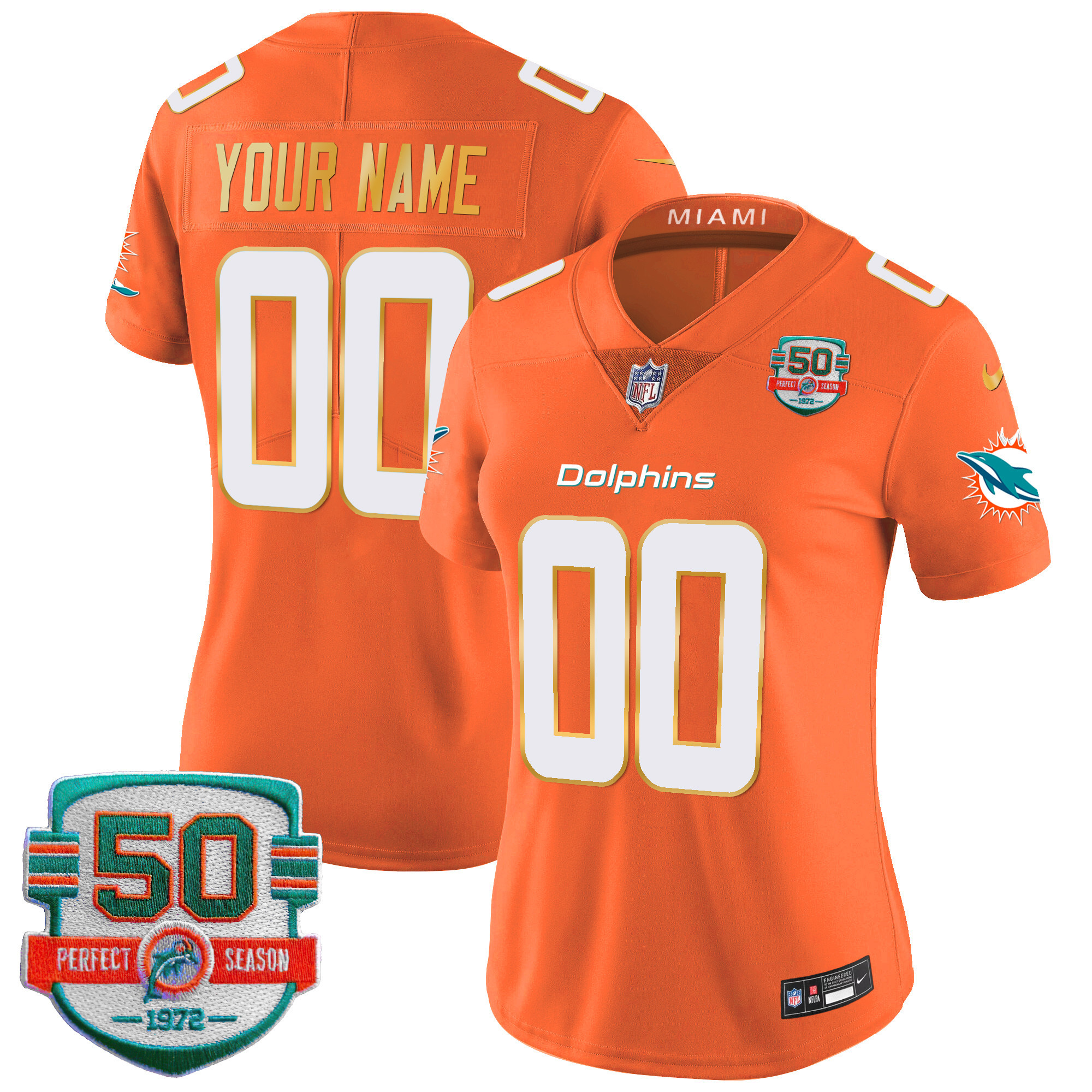 Women's Miami Dolphins Gold Trim Vapor Limited Custom Orange Jersey - All Stitched