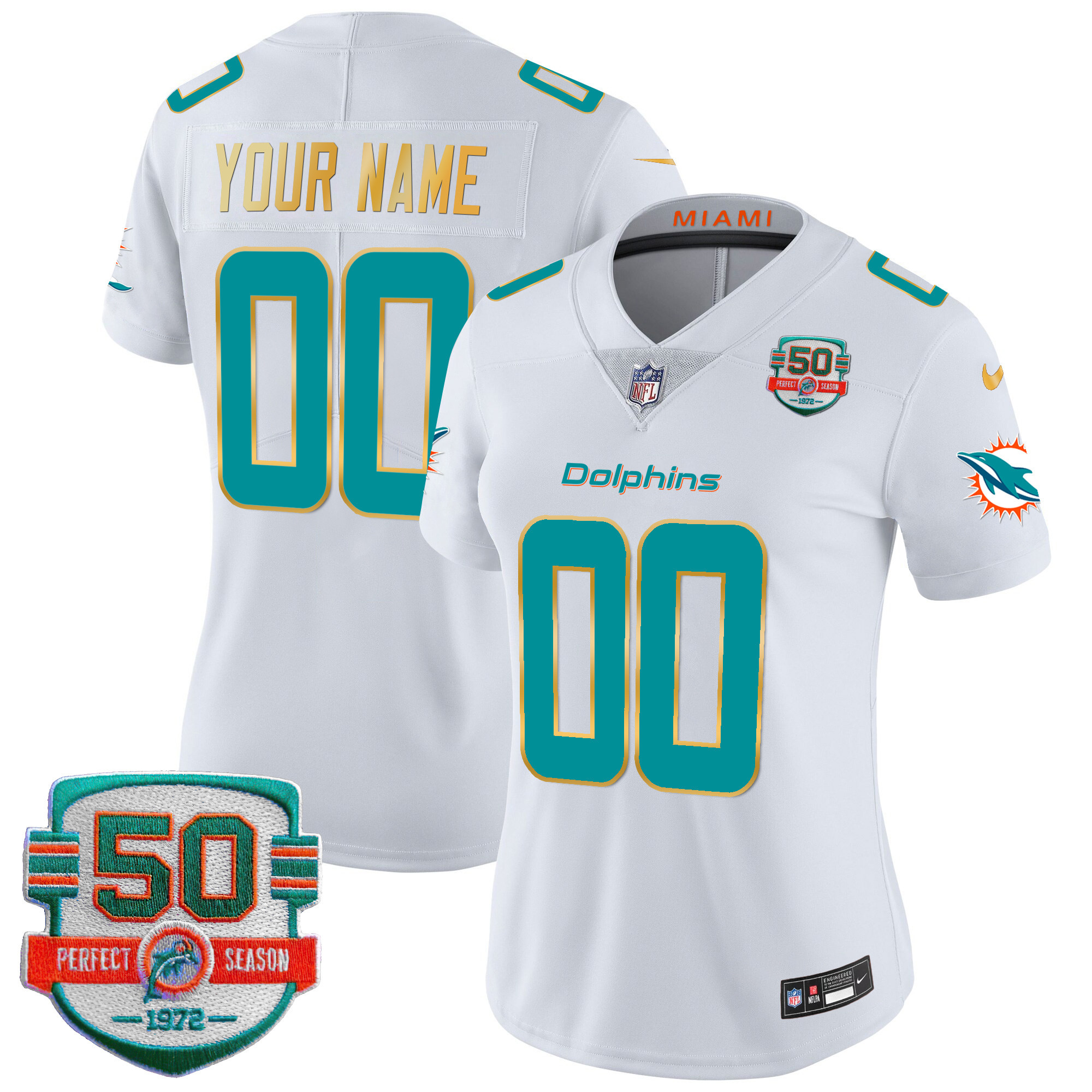Women's Miami Dolphins Gold Trim Vapor Limited Custom White Jersey - All Stitched