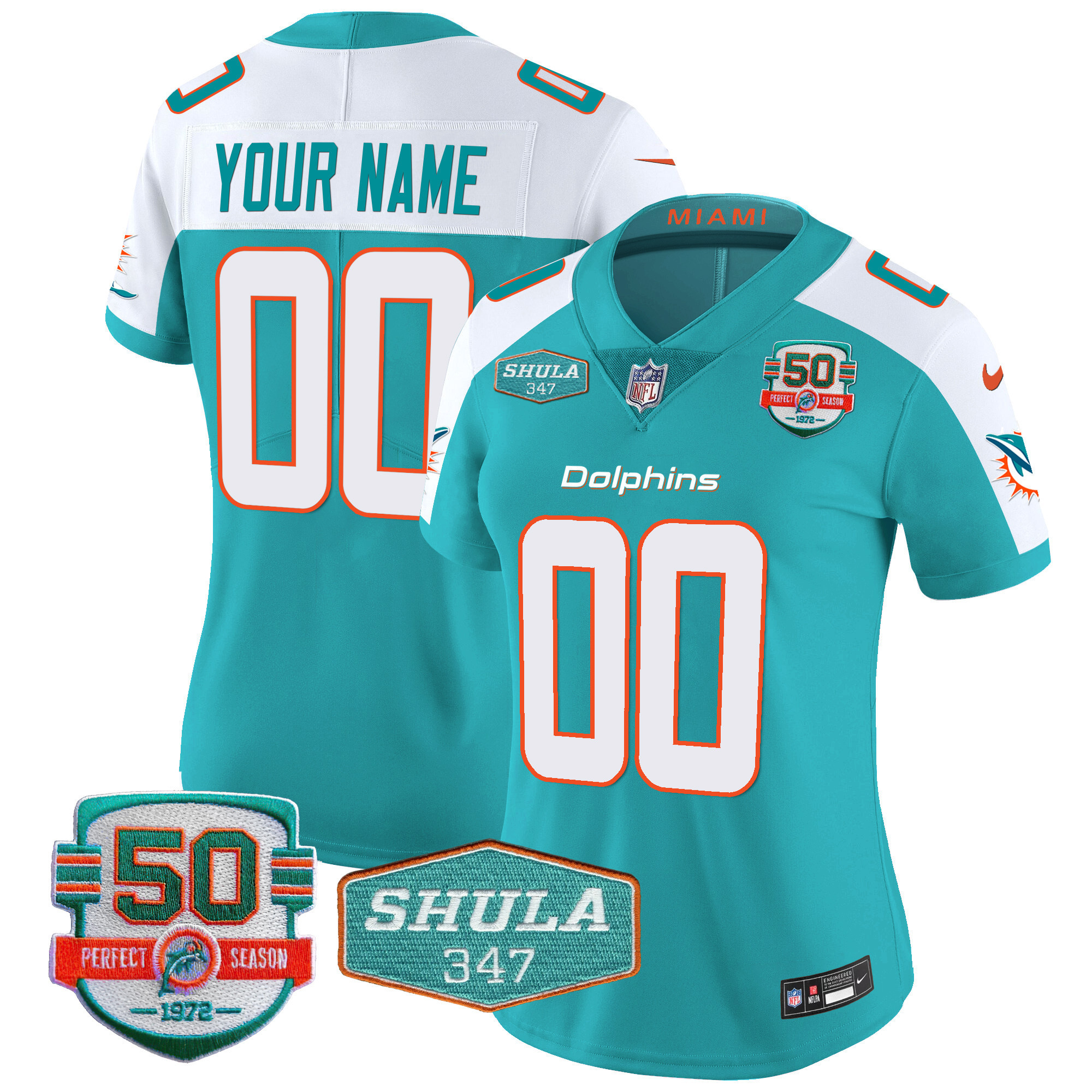 Women's Miami Dolphins Shula 347 Patch Vapor Custom Aqua Alternate Jersey - All Stitched