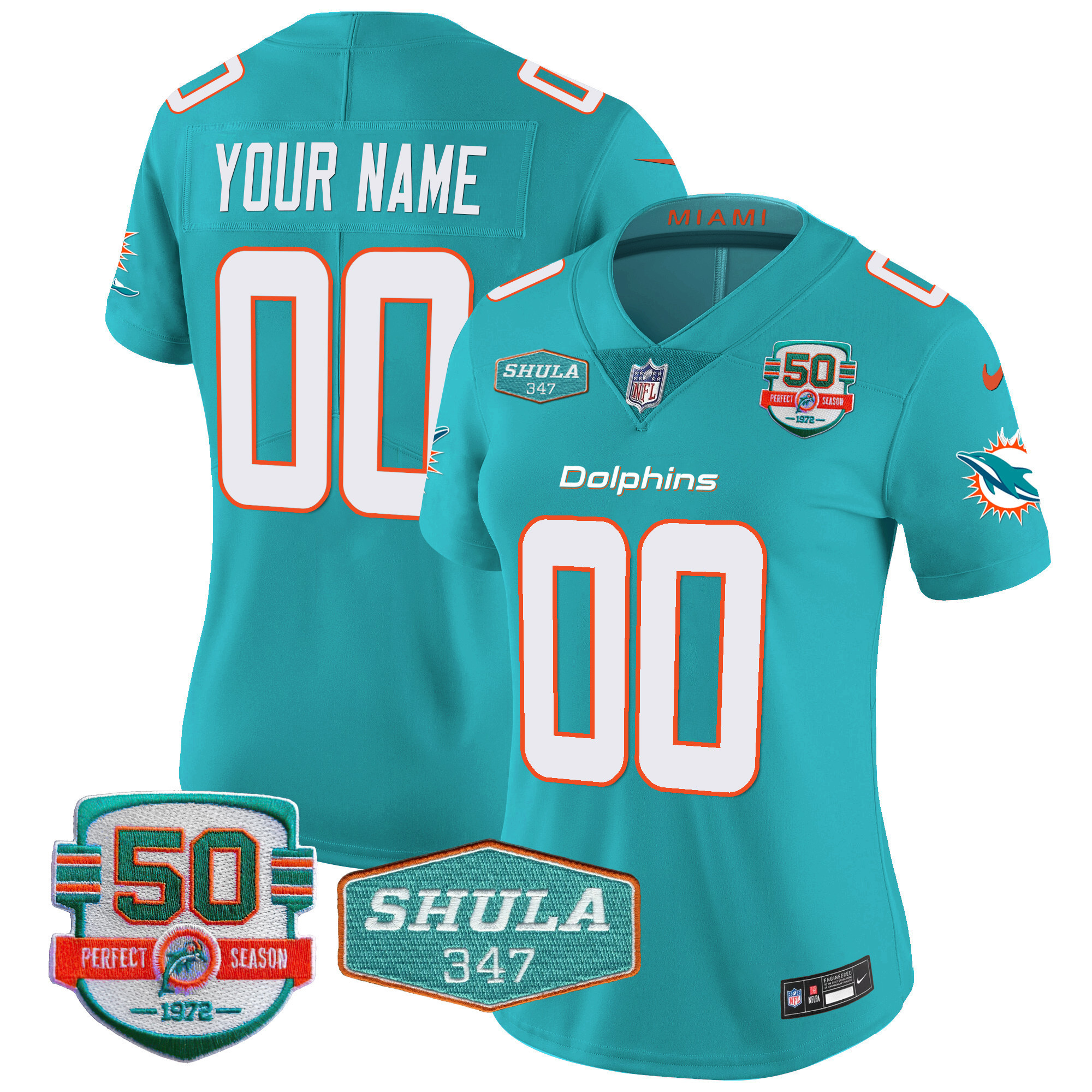 Women's Miami Dolphins Shula 347 Patch Vapor Custom Aqua Jersey - All Stitched