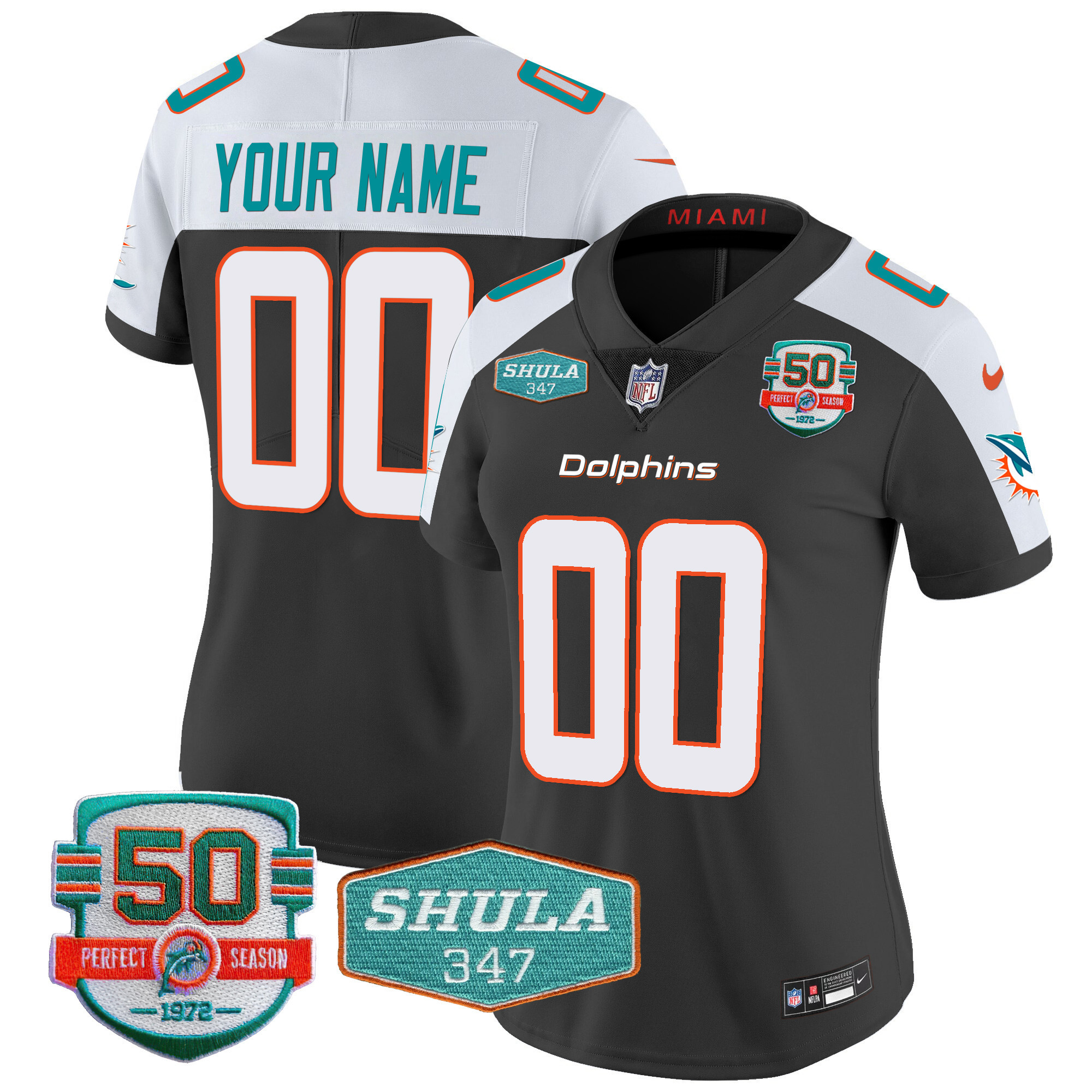 Women's Miami Dolphins Shula 347 Patch Vapor Custom Black Alternate Jersey - All Stitched