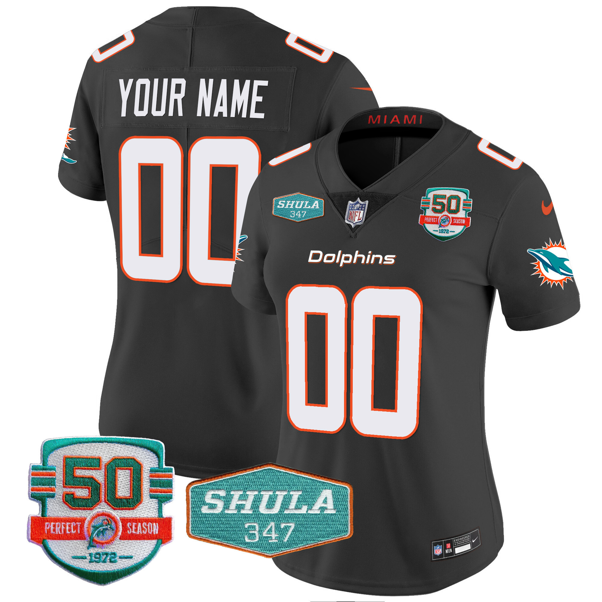Women's Miami Dolphins Shula 347 Patch Vapor Custom Black Jersey - All Stitched