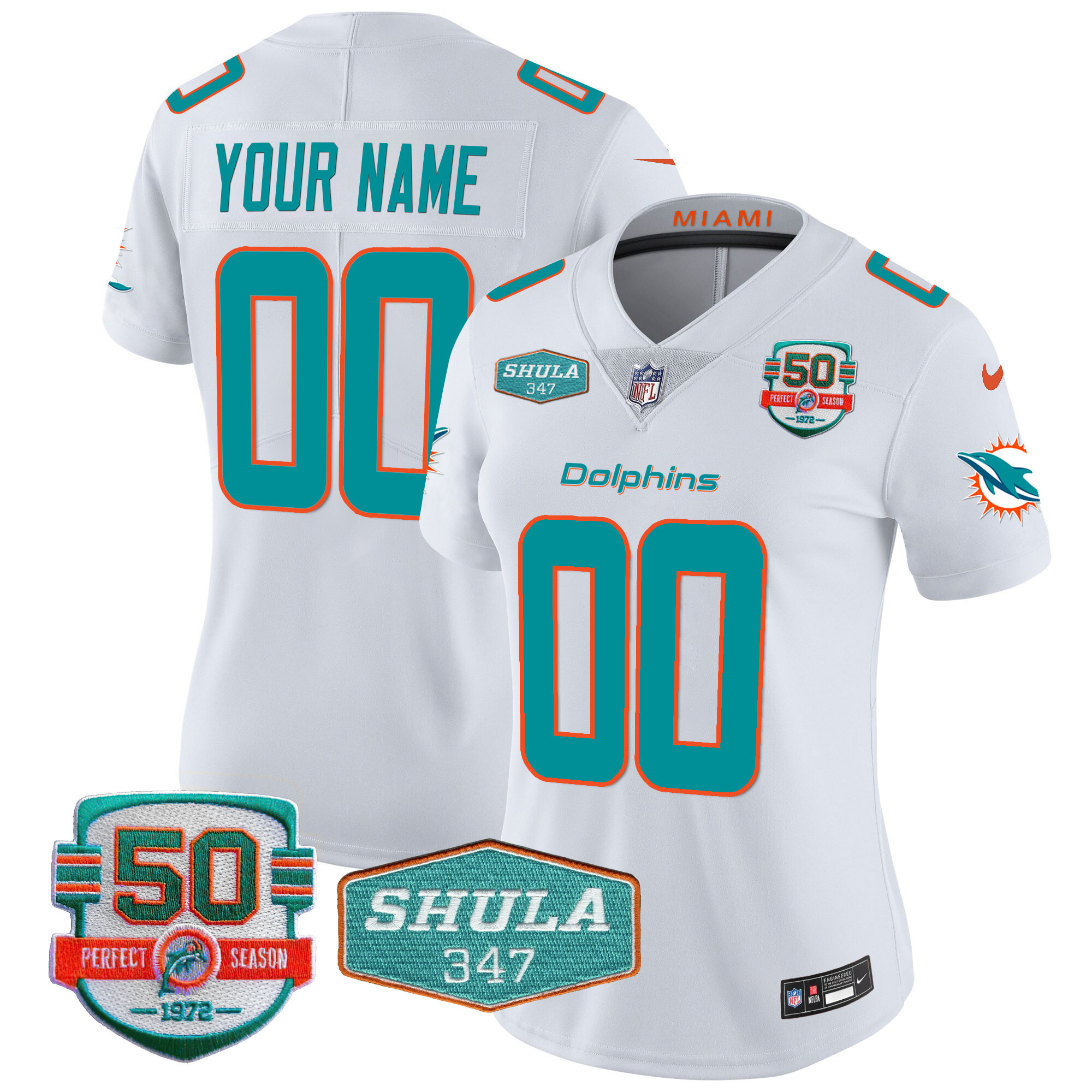 Women's Miami Dolphins Shula 347 Patch Vapor Custom White Jersey - All Stitched
