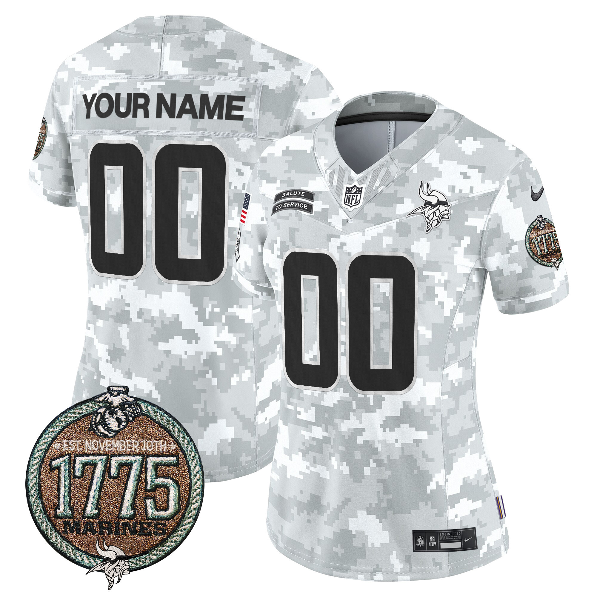 Women's Minnesota Vikings 2024 Salute to Service Establishment Year Patch Vapor Limited Custom Marines Jersey - All Stitched