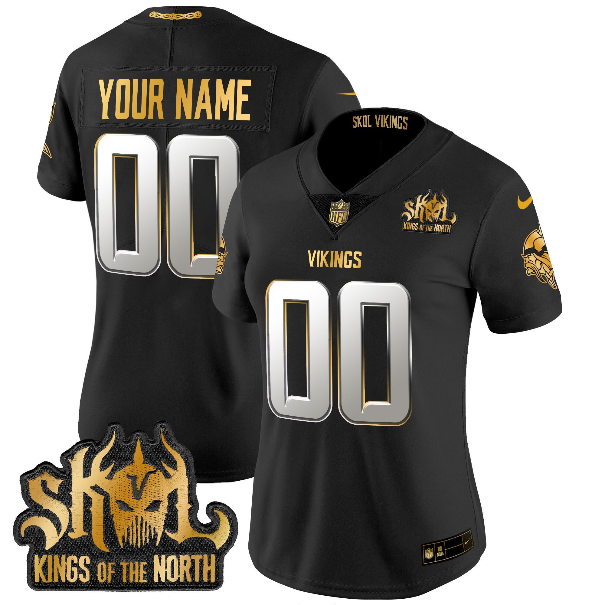 Women's Minnesota Vikings 2024 Winter Warrior Skol Patch Gold Vapor Limited Custom Black Limited Jersey - All Stitched