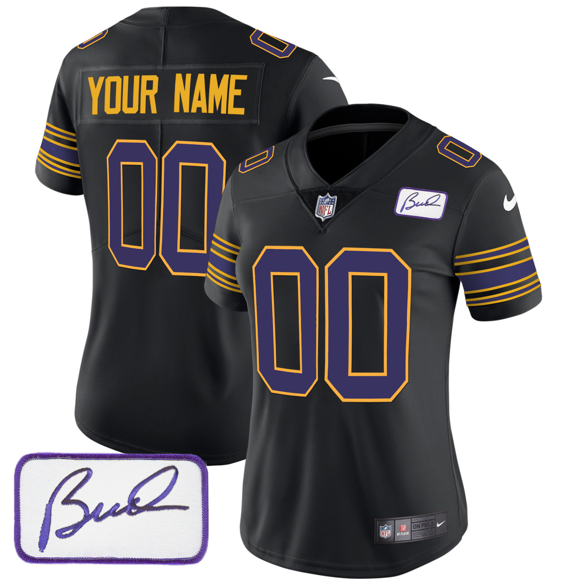 Women's Minnesota Vikings Bud Grant Patch Classic Limited Custom Black Jersey - All Stitched