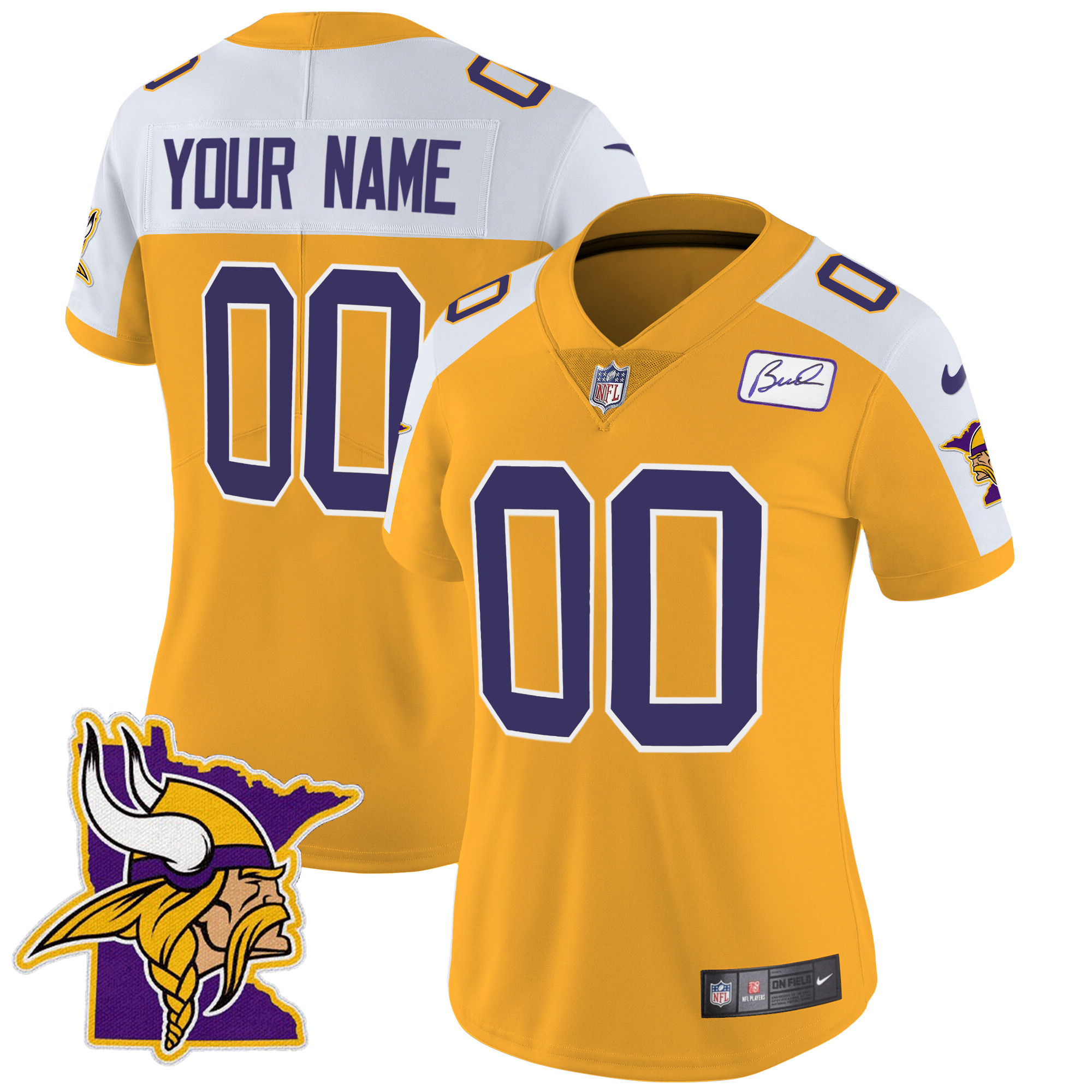 Women's Minnesota Vikings Bud Grant Patch Classic Limited Custom Gold Alternate Jersey - All Stitched