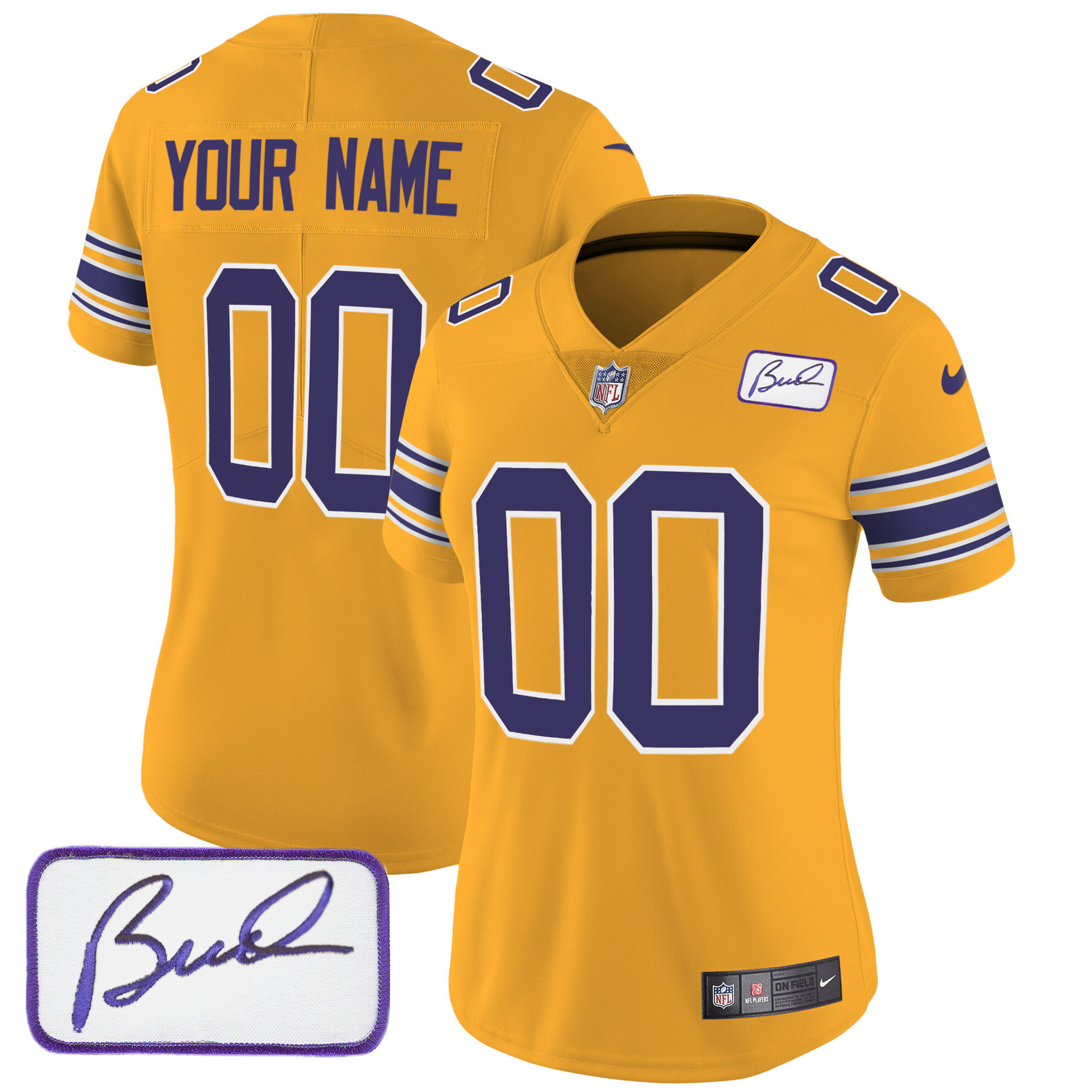 Women's Minnesota Vikings Bud Grant Patch Classic Limited Custom Gold Jersey - All Stitched