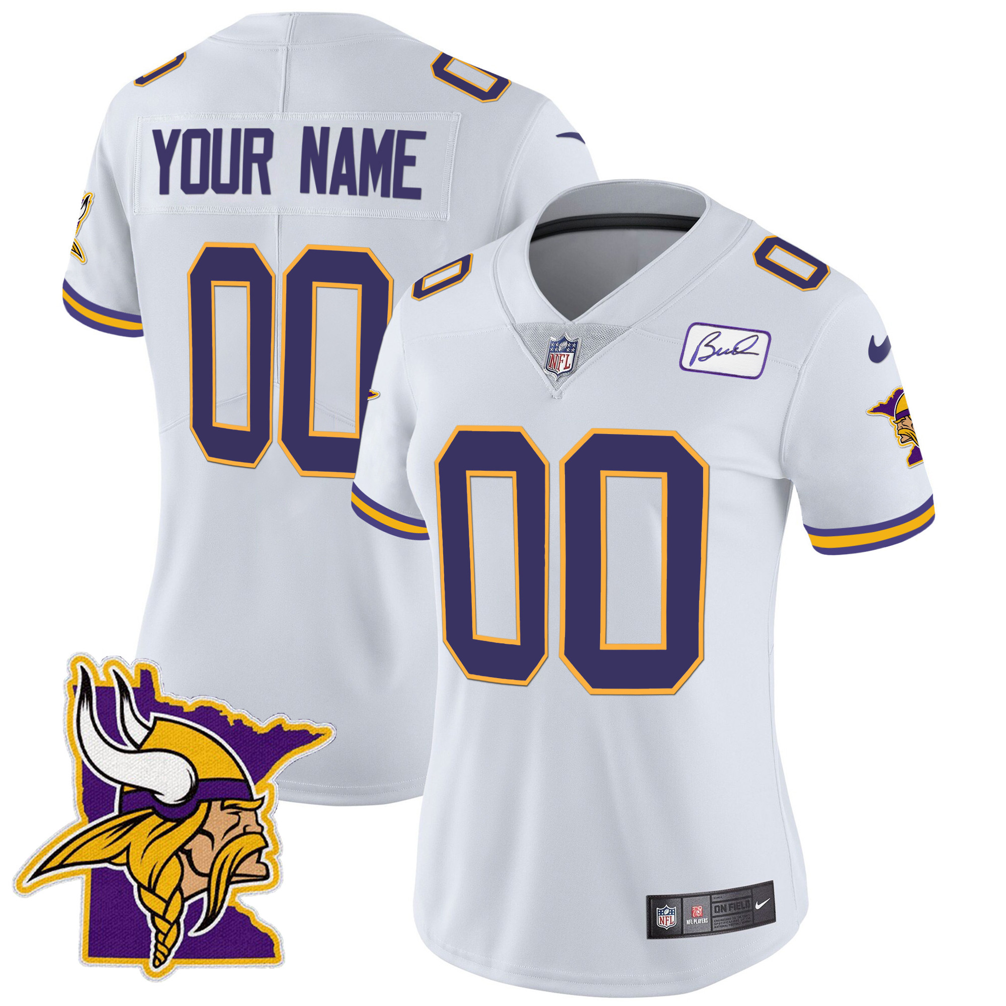 Women's Minnesota Vikings Bud Grant Patch Classic Limited Custom White Jersey - All Stitched