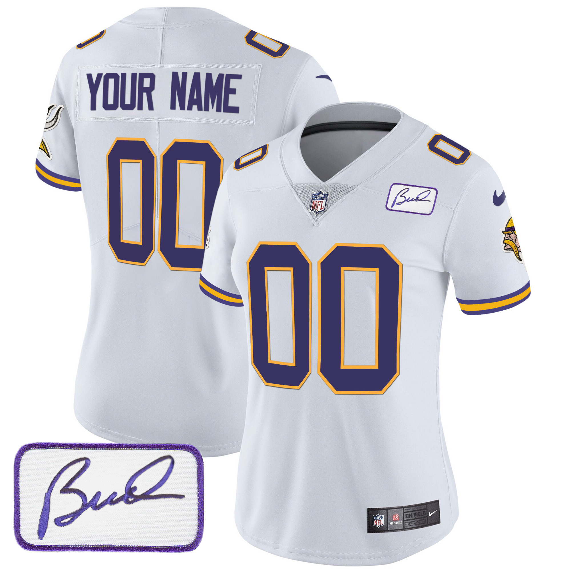 Women's Minnesota Vikings Bud Grant Patch Classic Limited Custom White Jersey - All Stitched