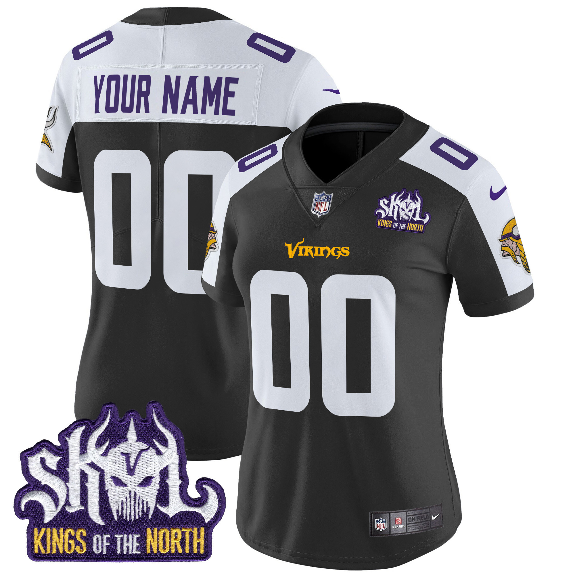 Women's Minnesota Vikings Kings Of The North Patch Vapor Limited Custom Black Alternate Jersey - All Stitched
