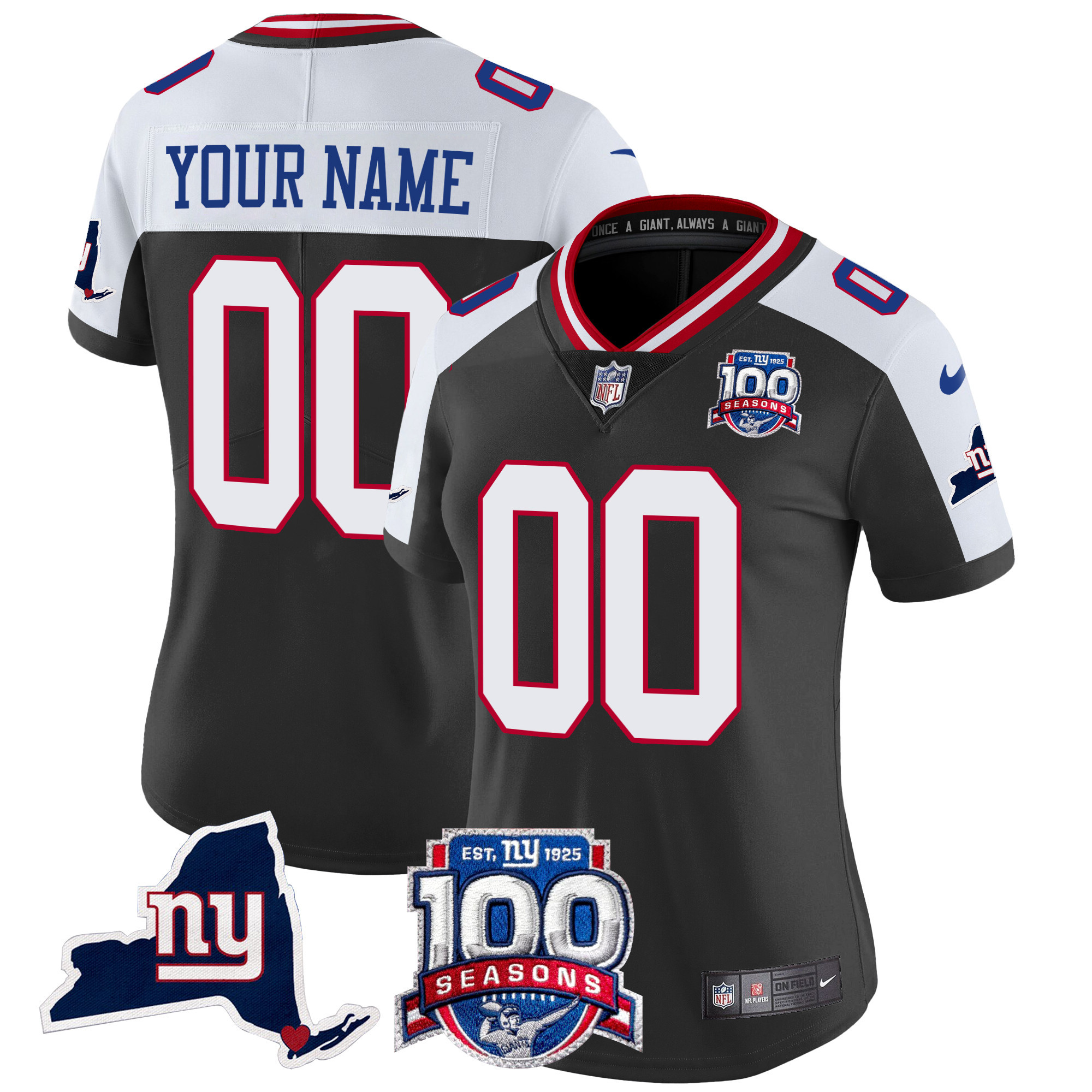 Women's New York Giants 100th Season & State Patch Vapor Limited Custom Black Alternate Jersey - All Stitched
