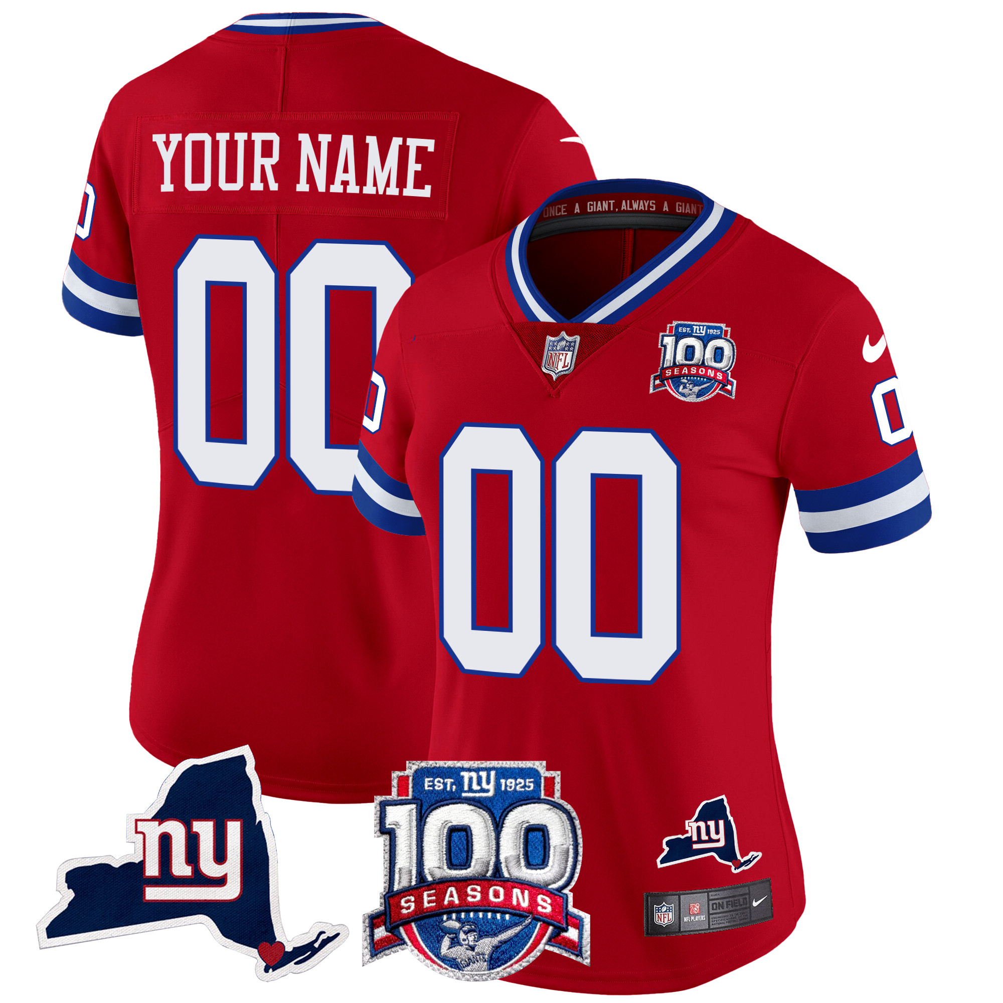 Women's New York Giants 100th Season & State Patch Vapor Limited Custom Red Jersey - All Stitched