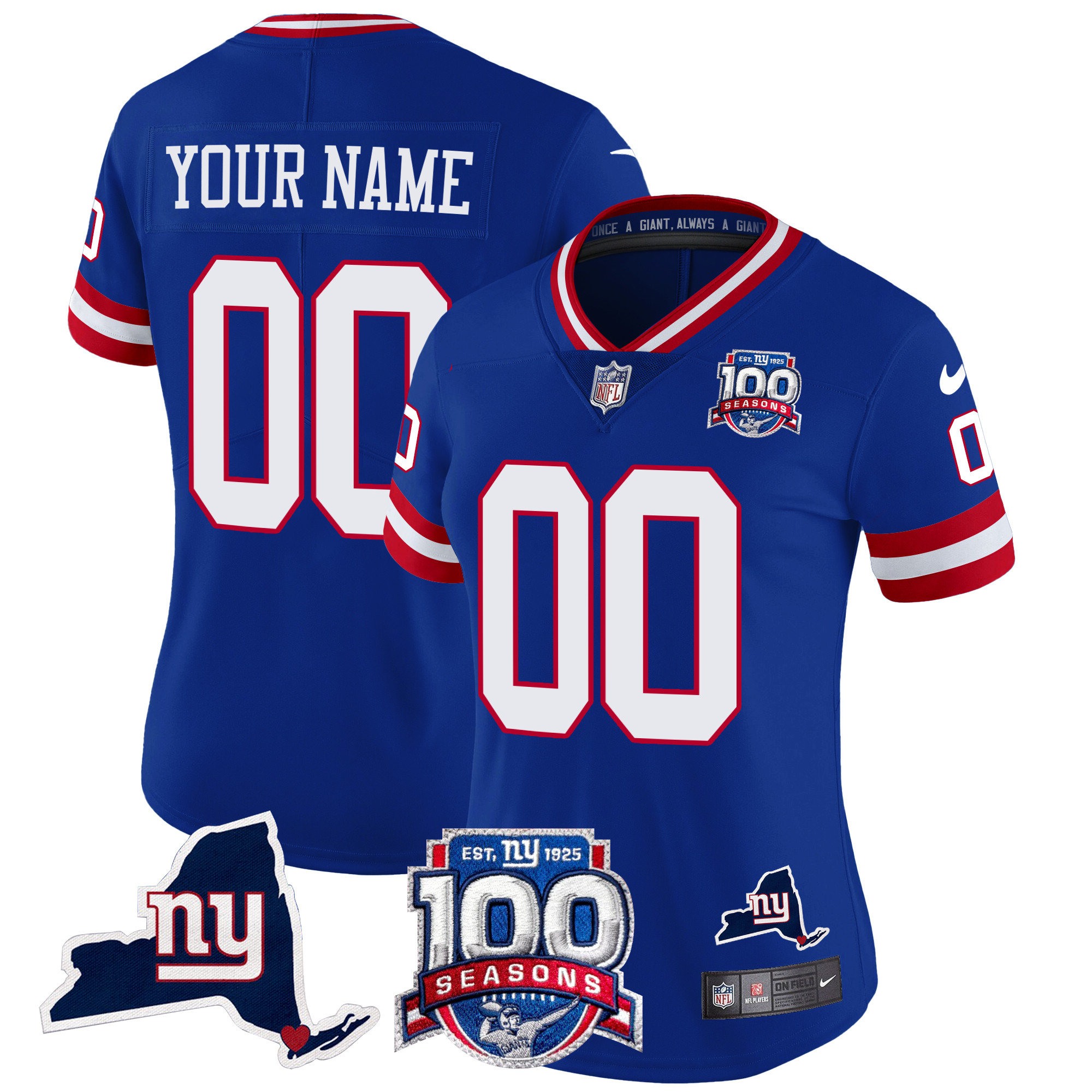 Women's New York Giants 100th Season & State Patch Vapor Limited Custom Royal Jersey - All Stitched