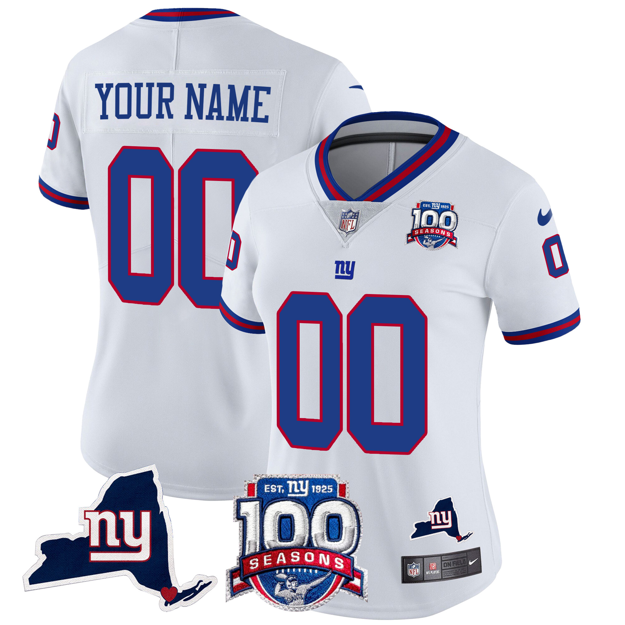 Women's New York Giants 100th Season & State Patch Vapor Limited Custom White Jersey - All Stitched