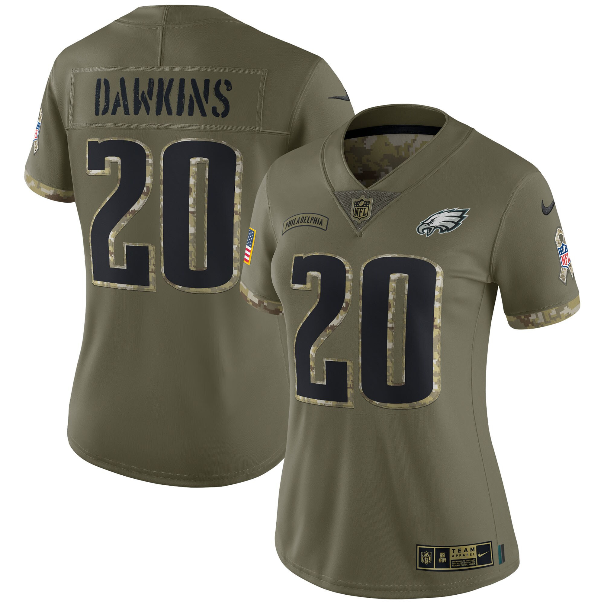Women's Philadelphia Eagles 2022 Salute To Service Retired Player Limited - Olive - All Stitched Brian Dawkins Jersey - All Stitched