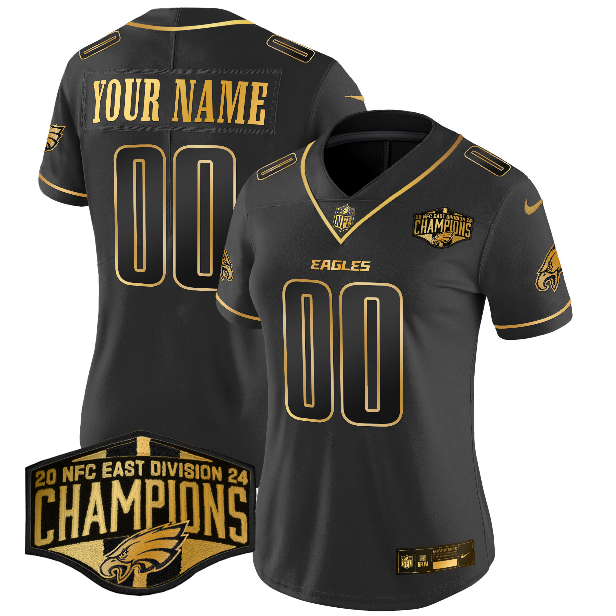 Women's Philadelphia Eagles 2024 NFC East Division Champions Gold Vapor Limited Custom Black Gold Jersey - All Stitched
