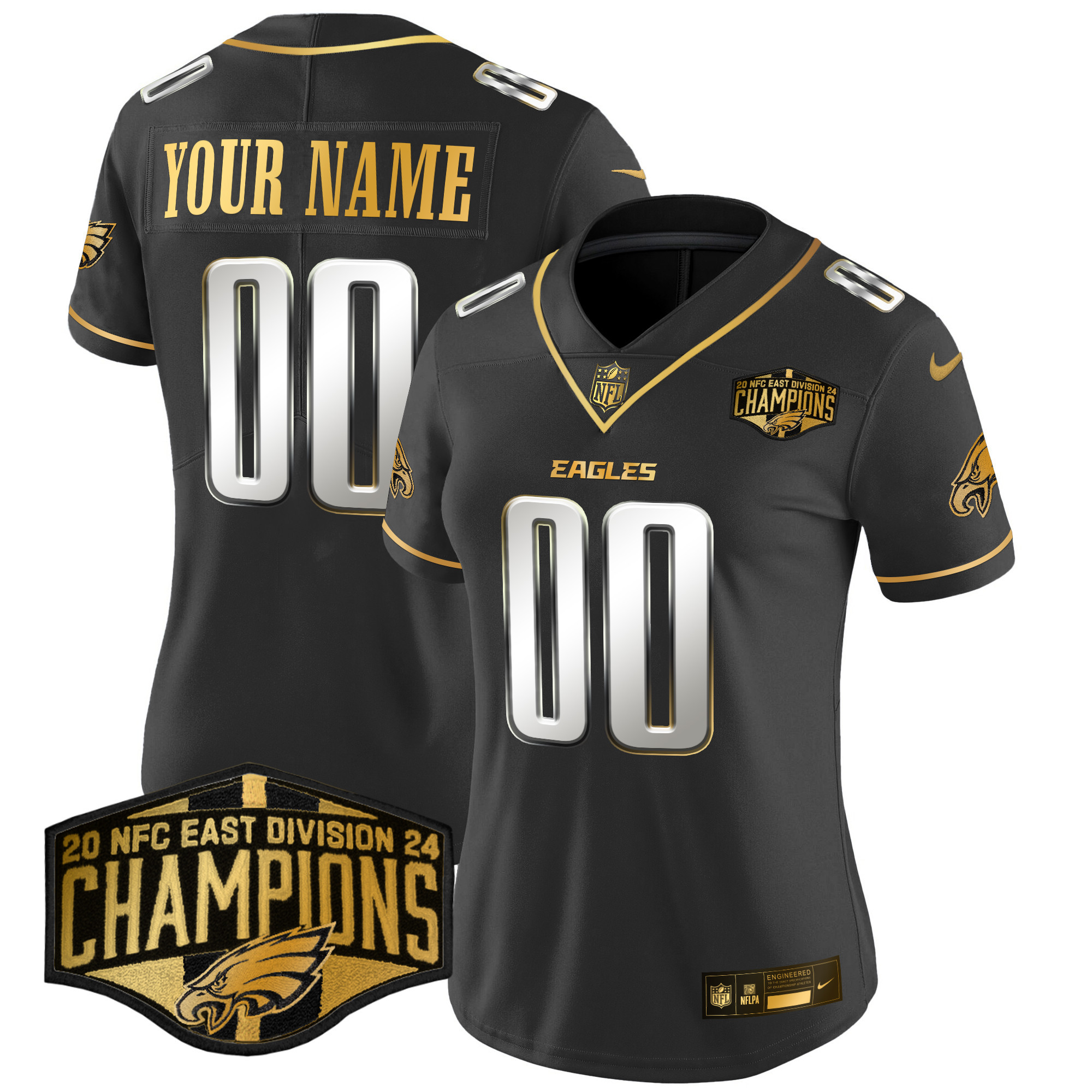 Women's Philadelphia Eagles 2024 NFC East Division Champions Gold Vapor Limited Custom Black Limited Jersey - All Stitched
