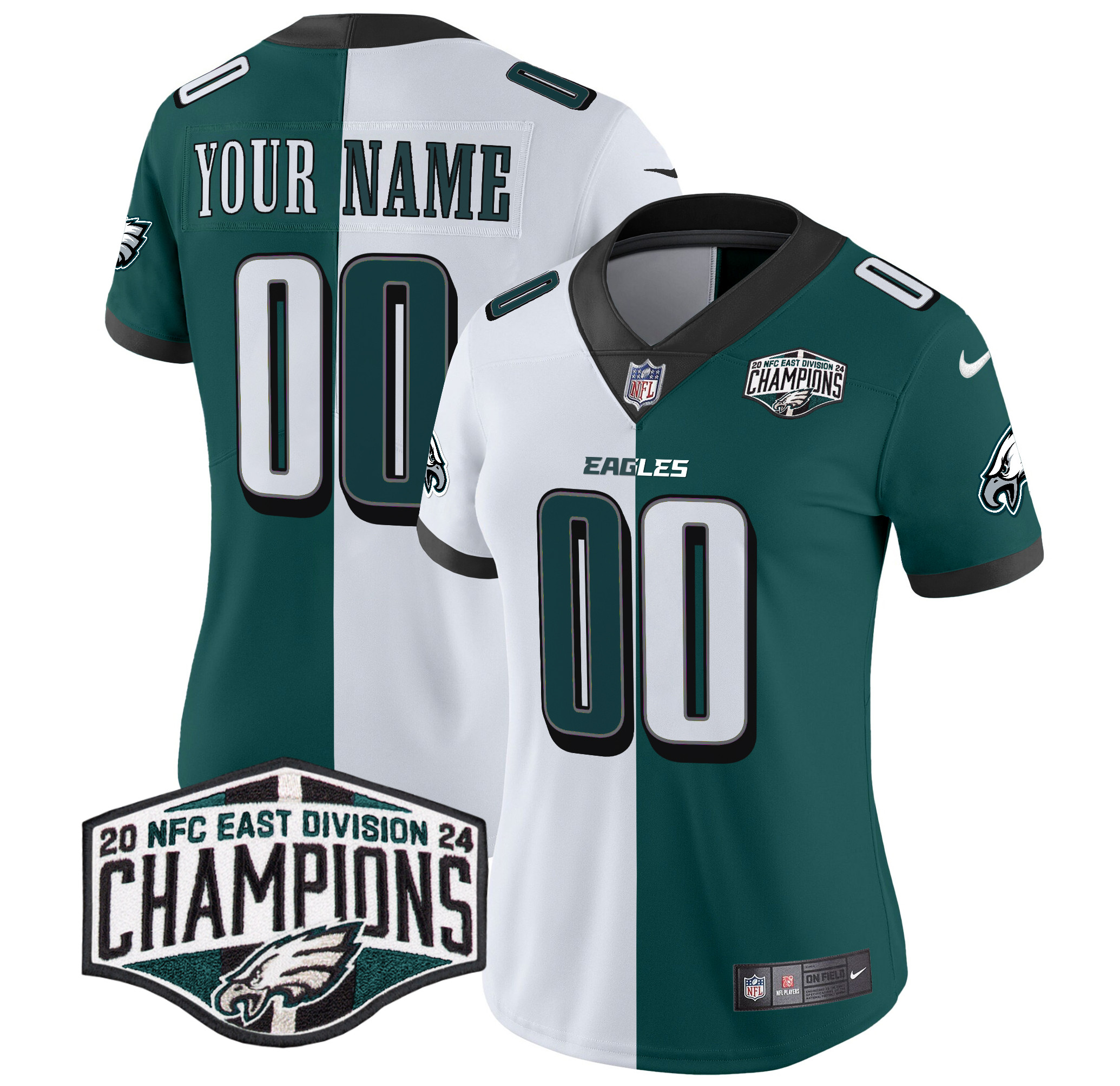 Women's Philadelphia Eagles 2024 NFC East Division Champions Vapor Limited Custom Split Jersey - All Stitched