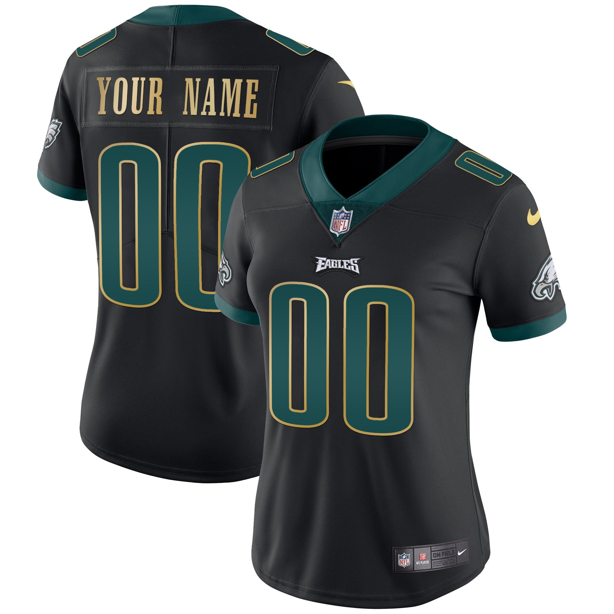Women's Philadelphia Eagles Gold & Split Custom Name and Number - All Stitched Black Gold Trim Jersey - All Stitched