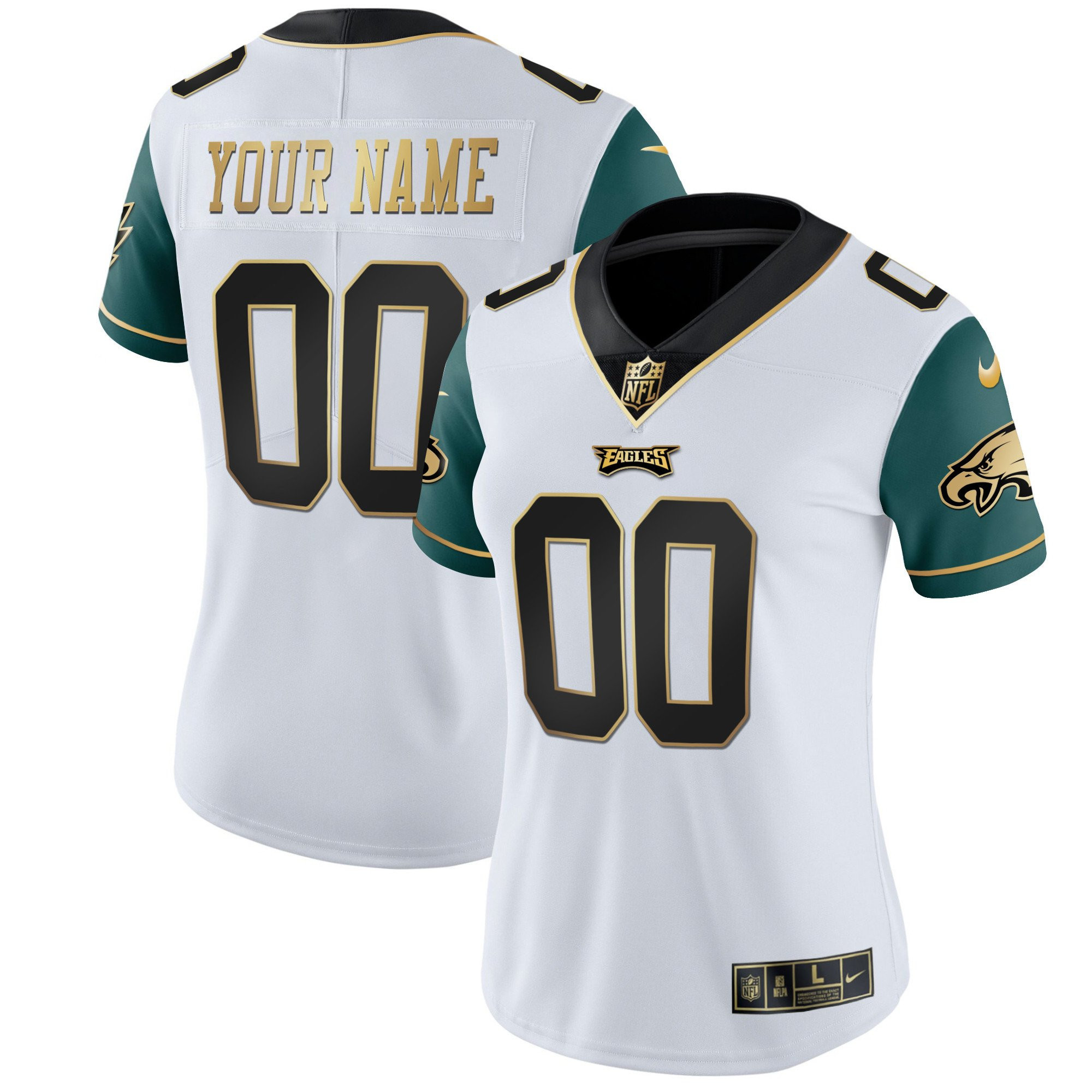 Women's Philadelphia Eagles Gold & Split Custom Name and Number - All Stitched Green Sleeves Jersey - All Stitched
