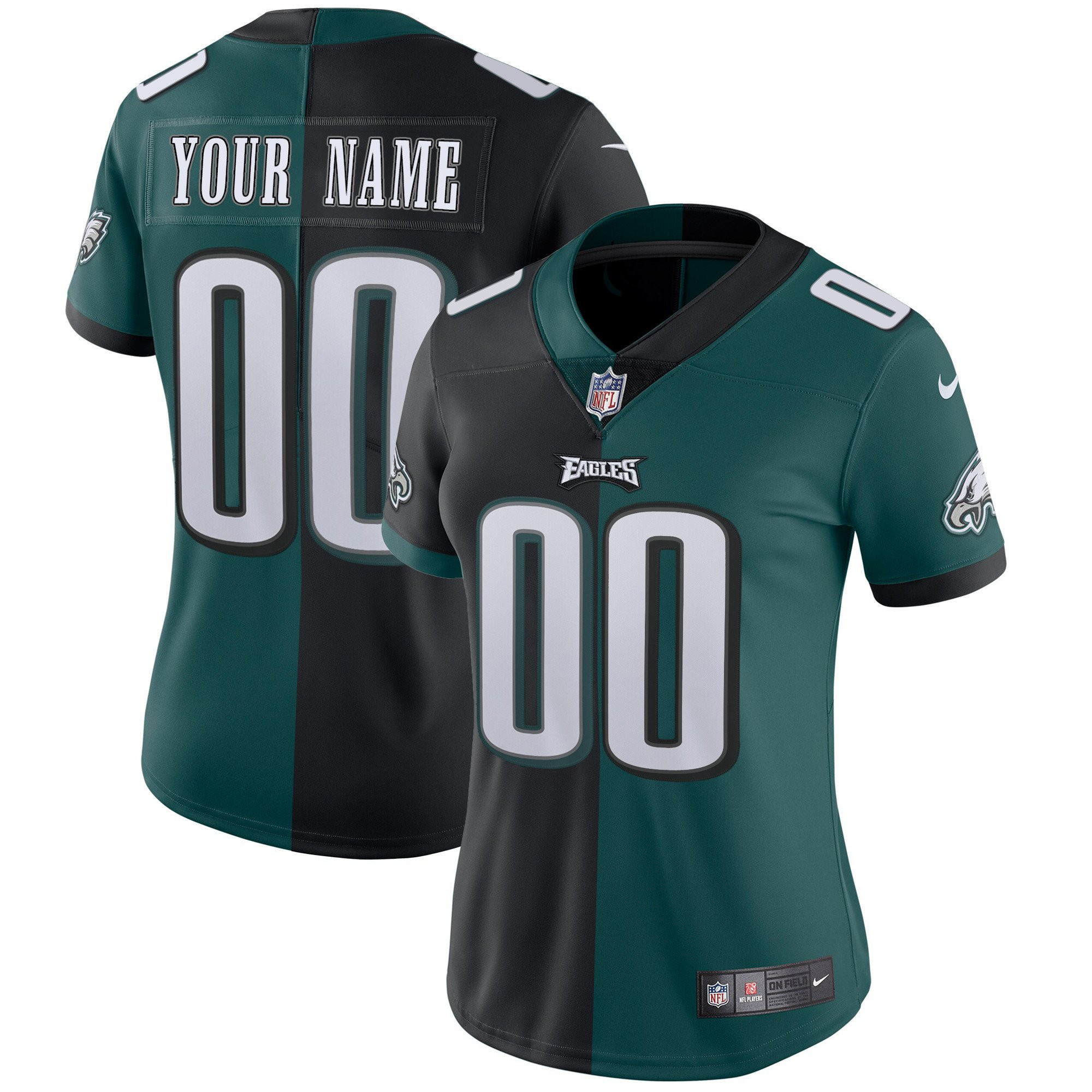 Women's Philadelphia Eagles Gold & Split Custom Name and Number - All Stitched Split Black Green Jersey - All Stitched
