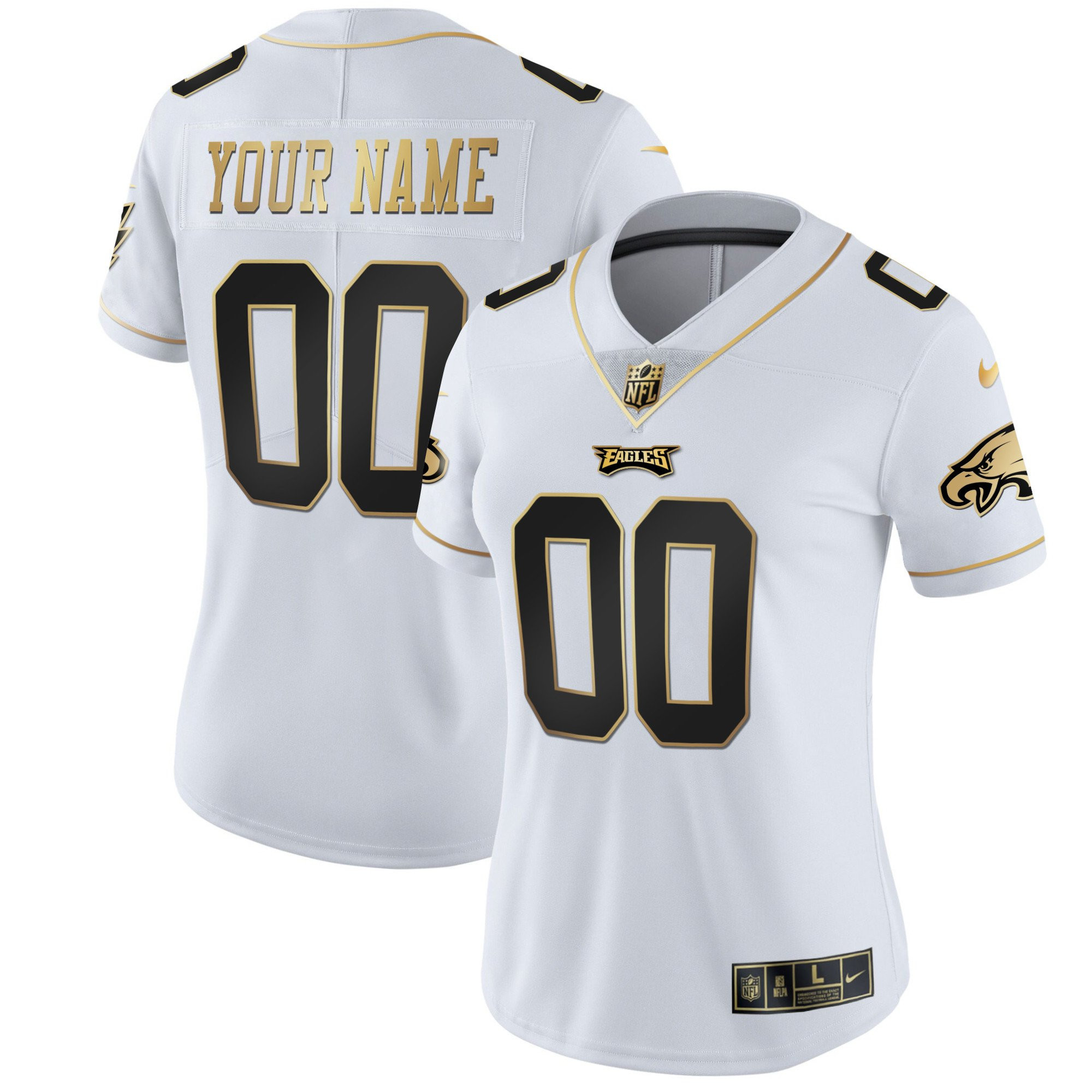Women's Philadelphia Eagles Gold & Split Custom Name and Number - All Stitched White Gold Jersey - All Stitched
