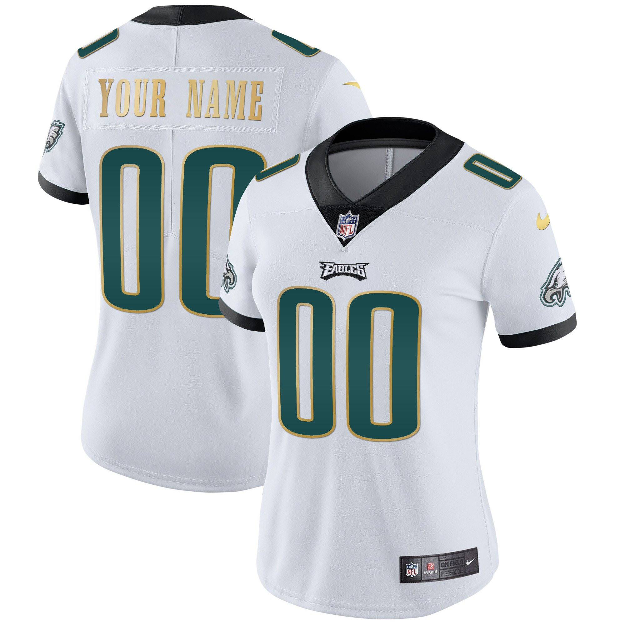 Women's Philadelphia Eagles Gold & Split Custom Name and Number - All Stitched White Gold Trim Jersey - All Stitched