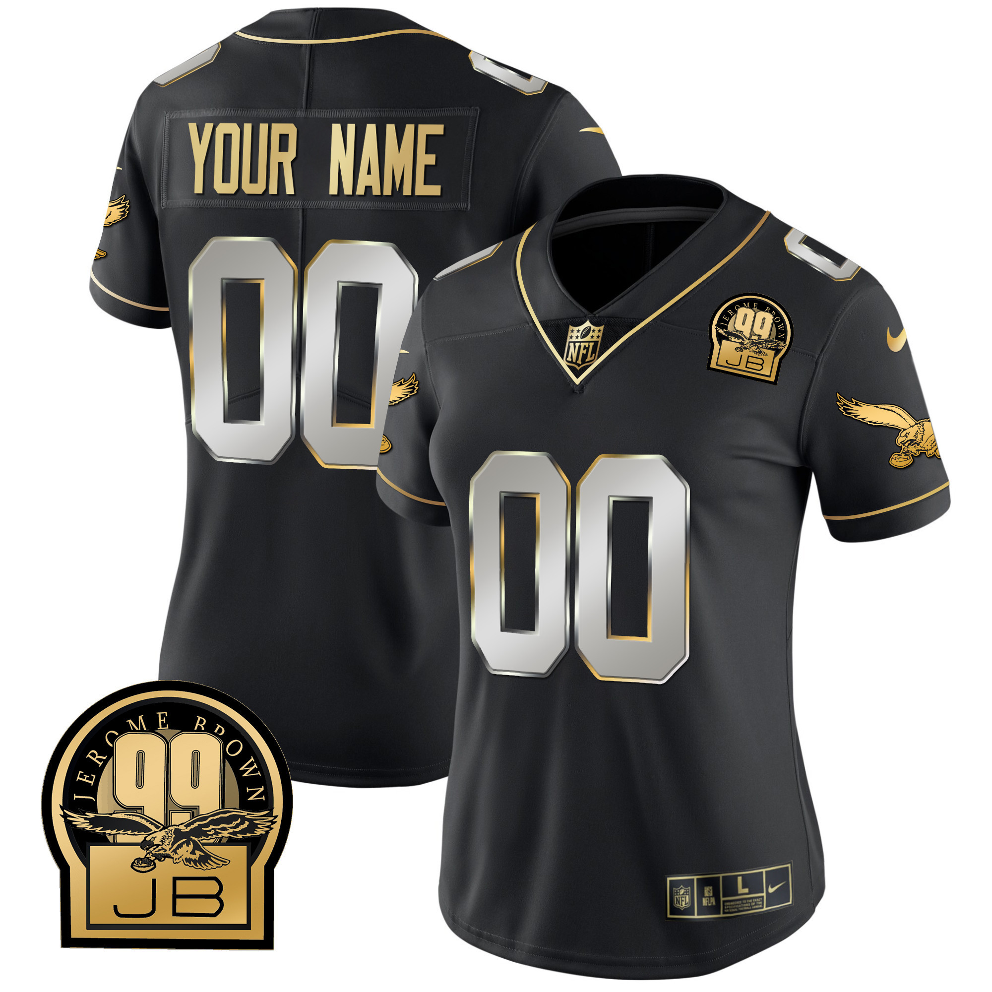 Women's Philadelphia Eagles Jerome Brown Retired Patch Gold & Kelly Custom Black Limited Jersey - All Stitched