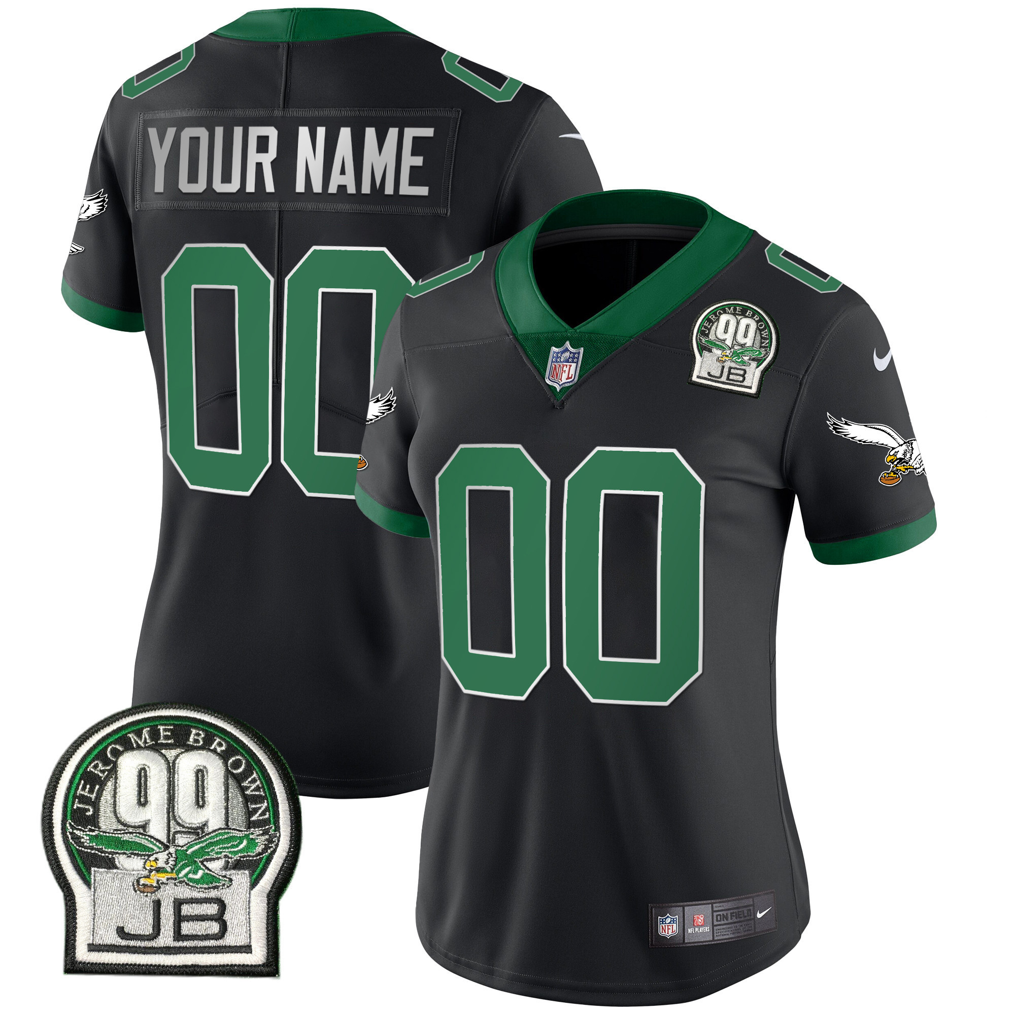 Women's Philadelphia Eagles Jerome Brown Retired Patch Gold & Kelly Custom Kelly Black Jersey - All Stitched