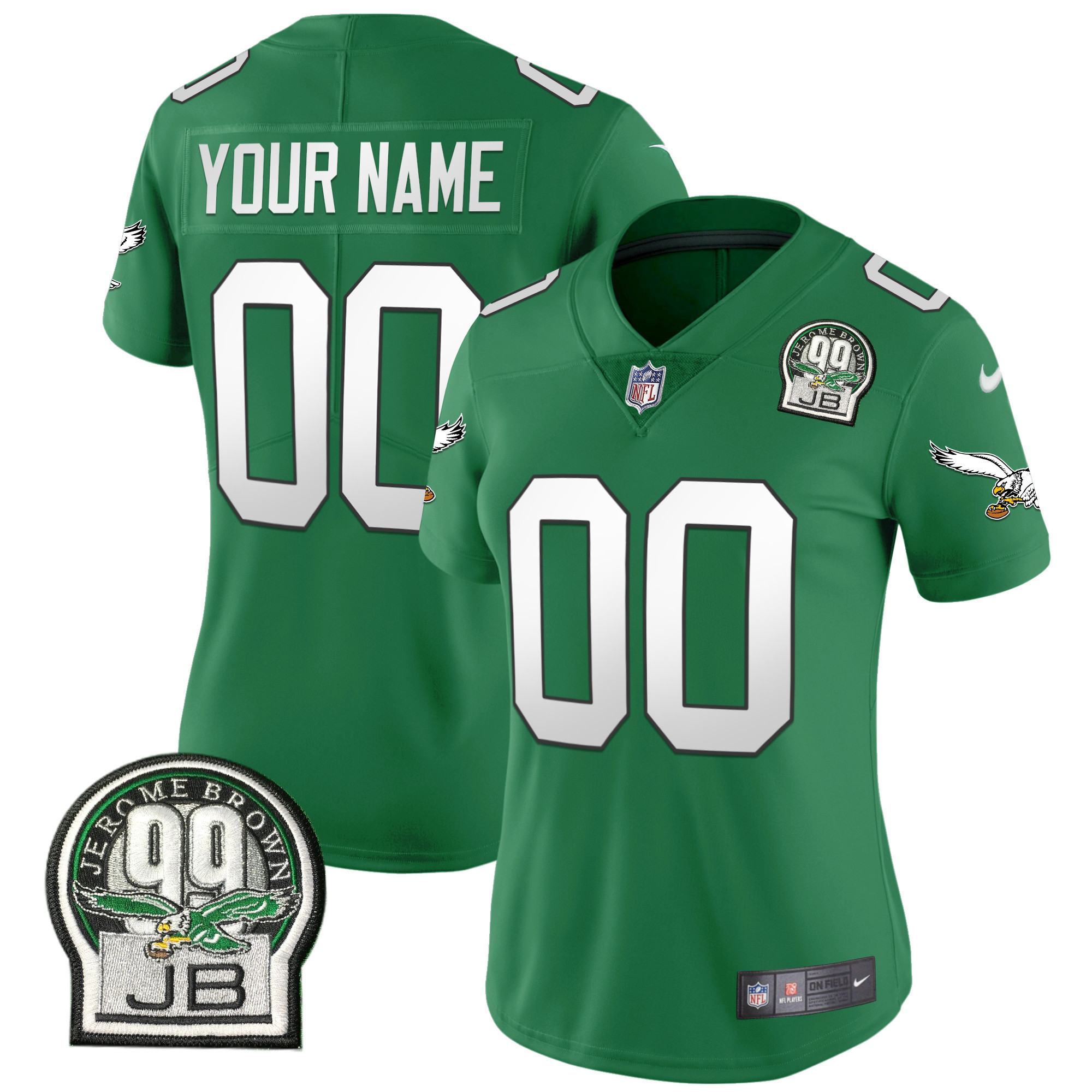 Women's Philadelphia Eagles Jerome Brown Retired Patch Gold & Kelly Custom Kelly Green Jersey - All Stitched