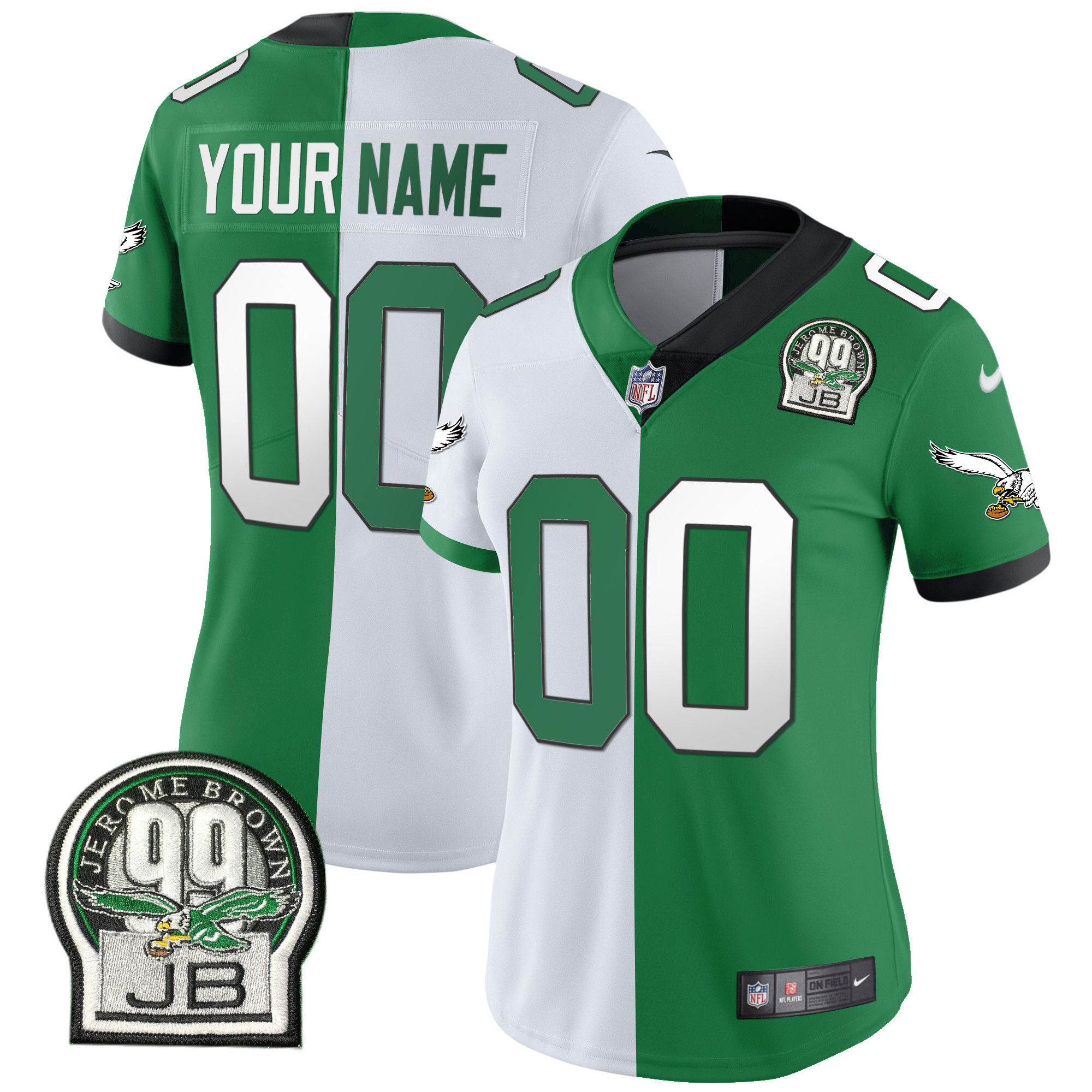 Women's Philadelphia Eagles Jerome Brown Retired Patch Gold & Kelly Custom Split Jersey - All Stitched