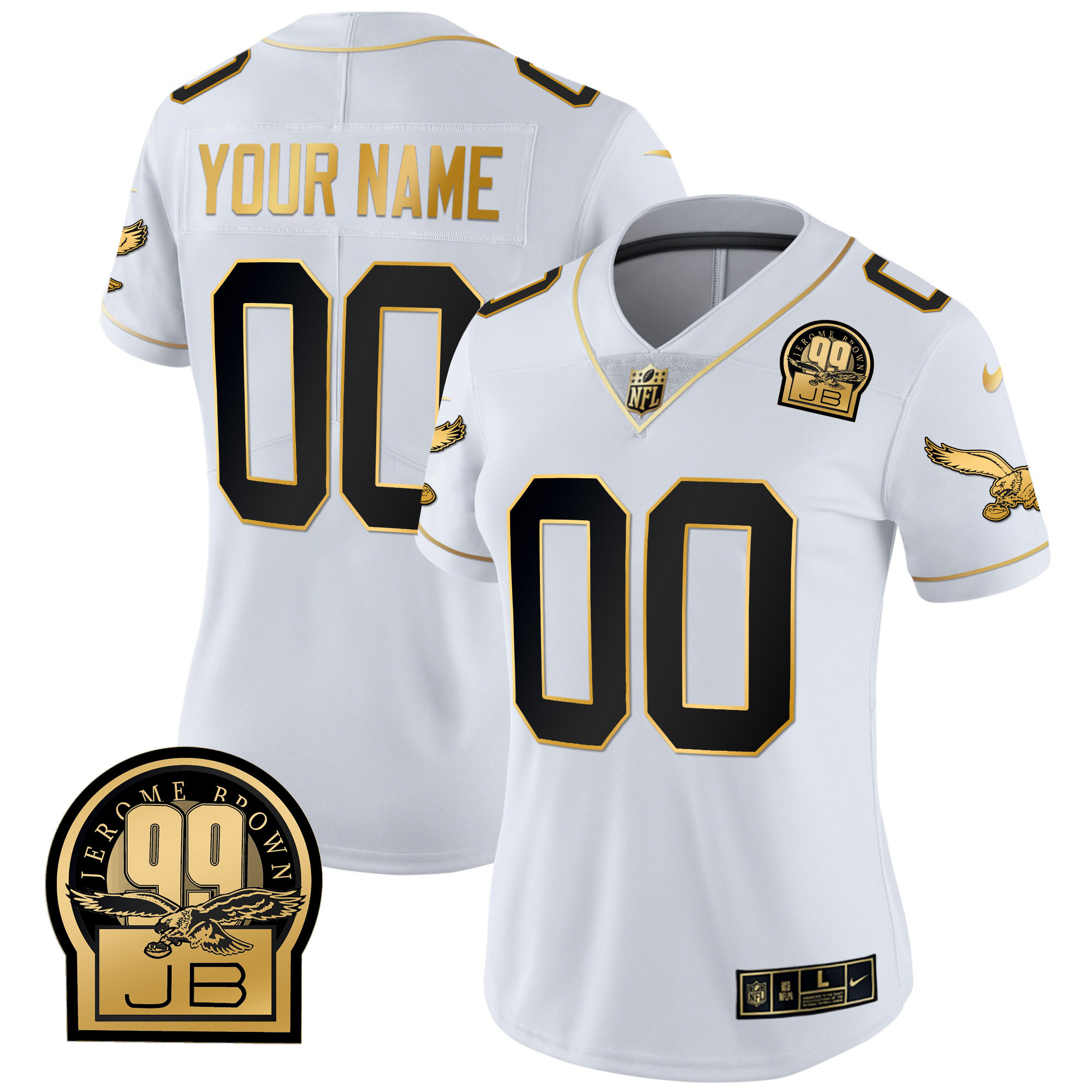 Women's Philadelphia Eagles Jerome Brown Retired Patch Gold & Kelly Custom White Gold Jersey - All Stitched