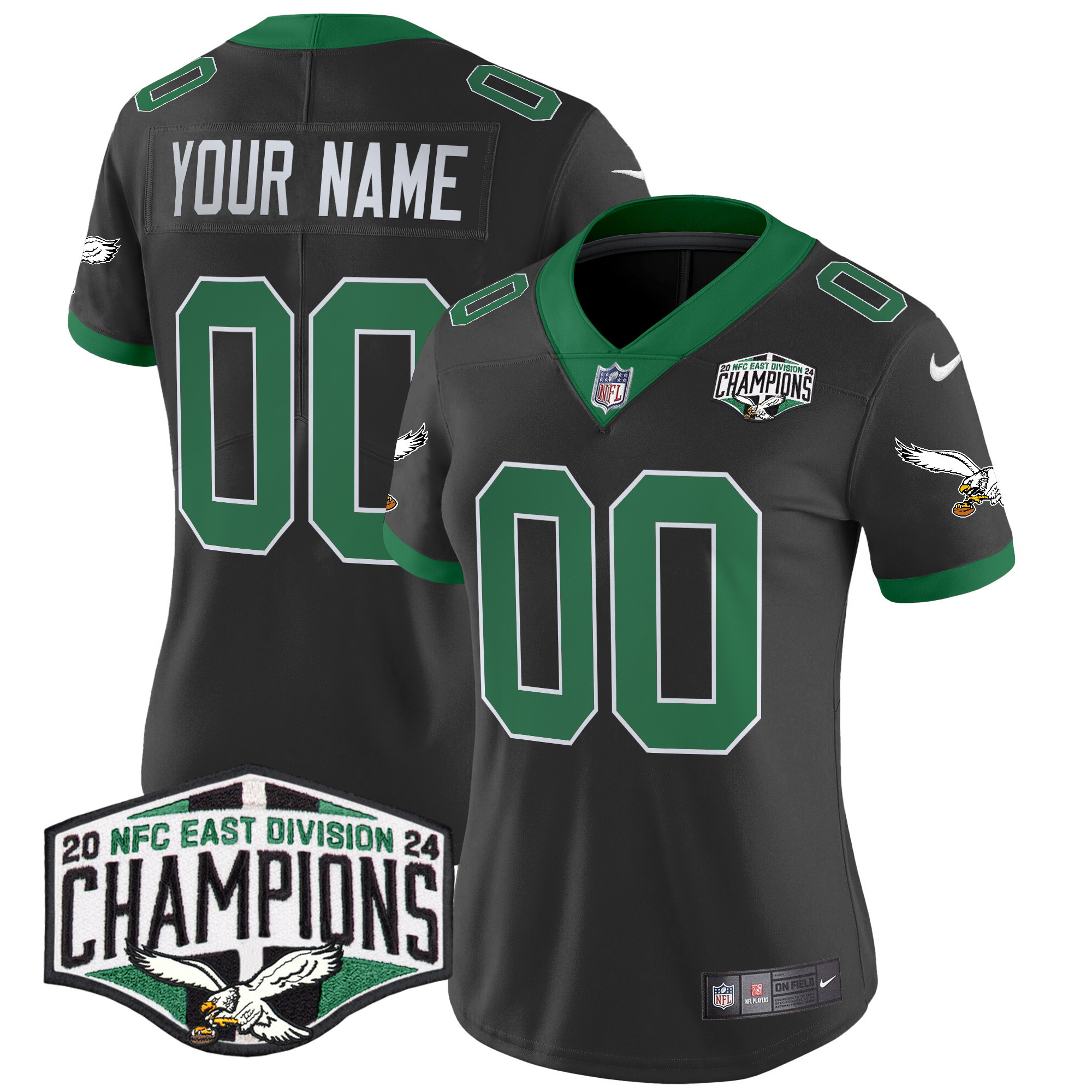 Women's Philadelphia Eagles Kelly Green 2024 NFC East Division Champions Vapor Limited Custom Black Jersey - All Stitched