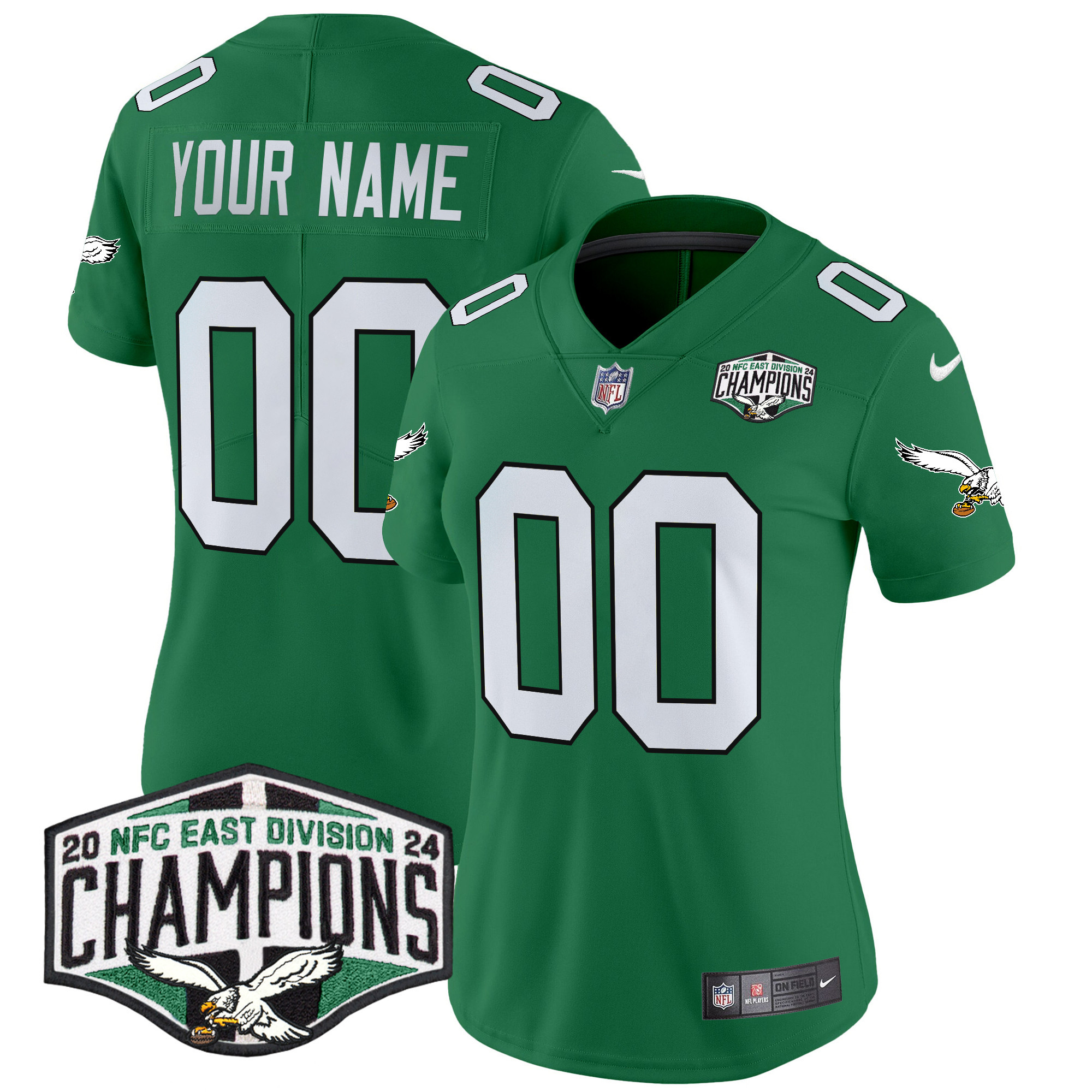 Women's Philadelphia Eagles Kelly Green 2024 NFC East Division Champions Vapor Limited Custom Kelly Green Jersey - All Stitched
