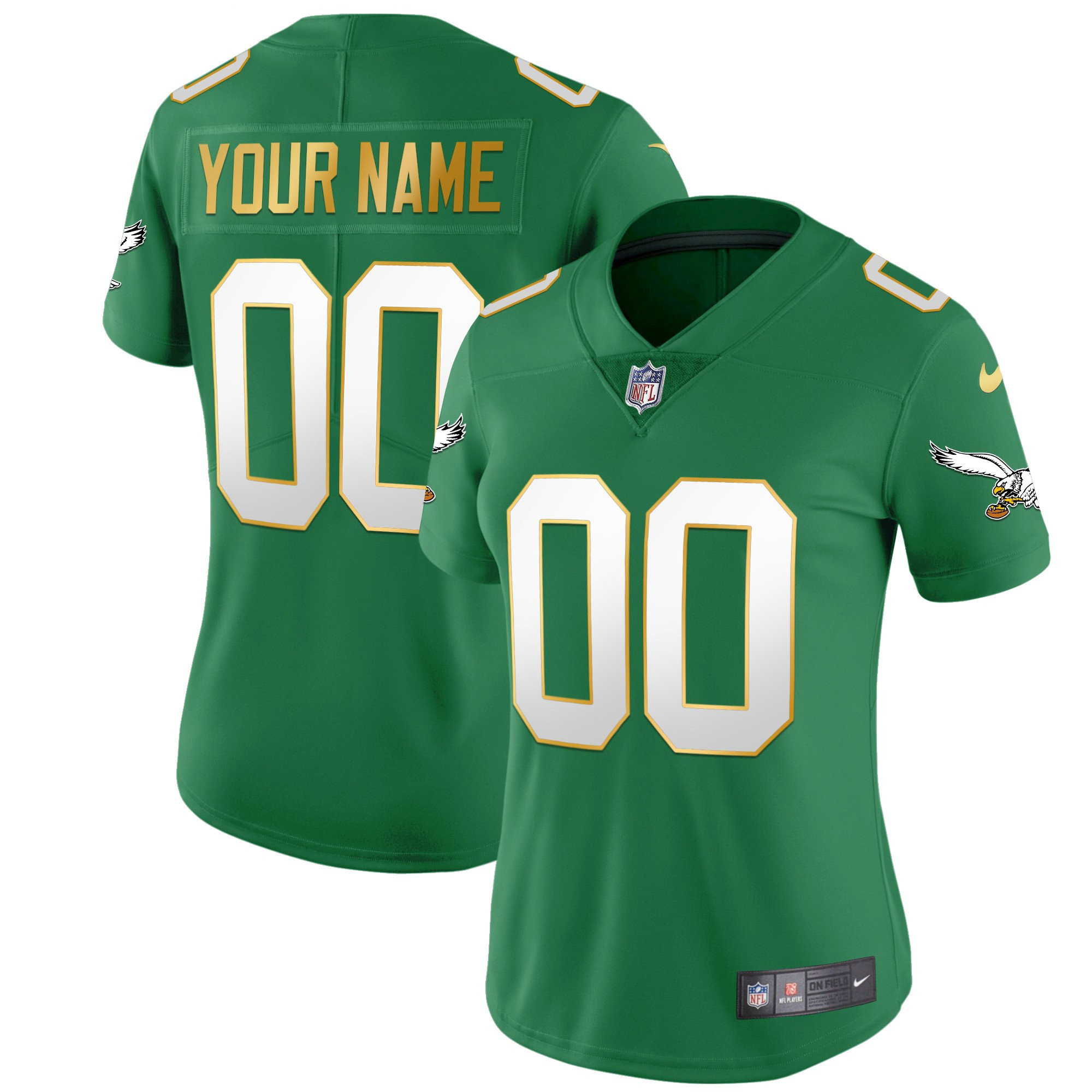 Women's Philadelphia Eagles Kelly Green Gold Custom Gold Trim Jersey - All Stitched