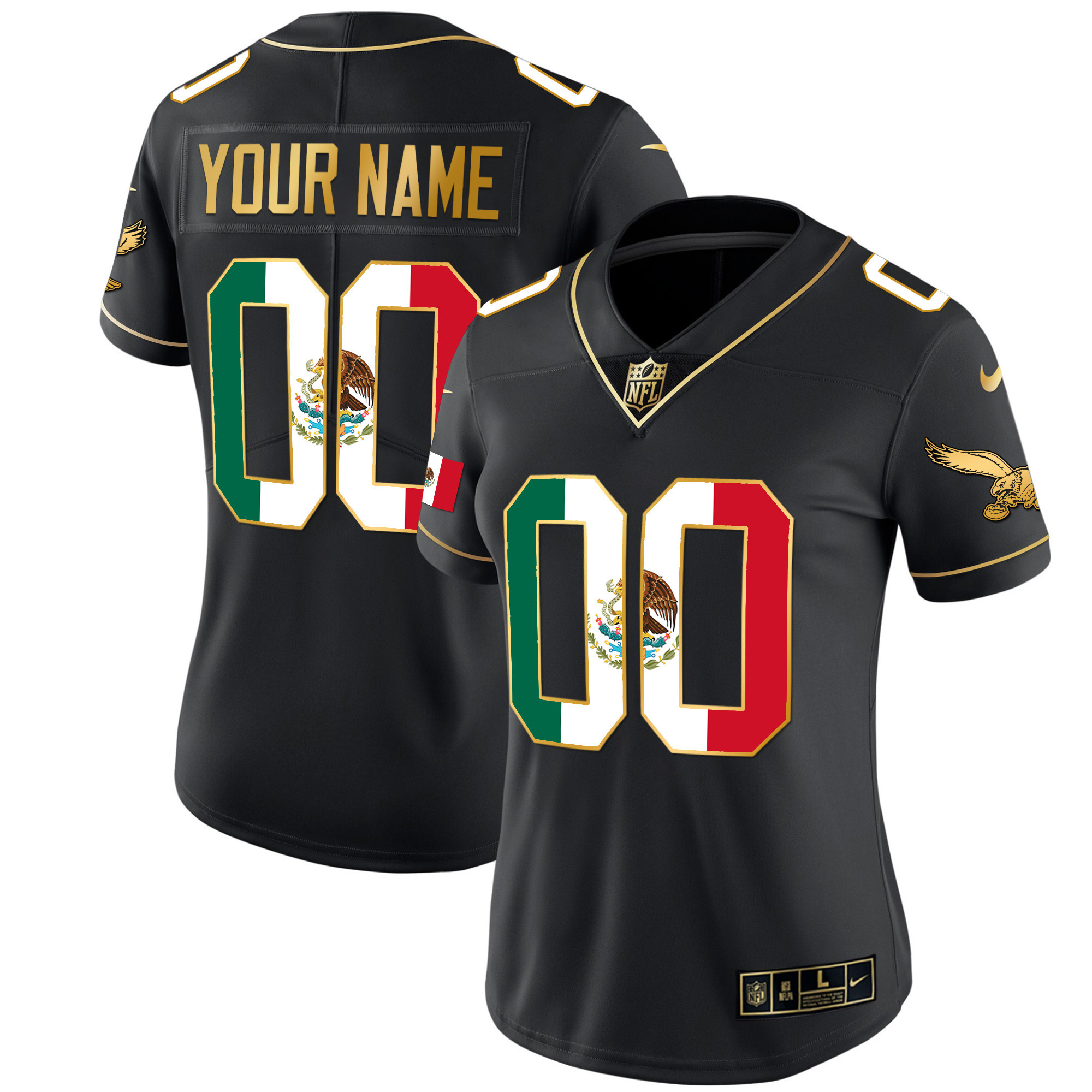Women's Philadelphia Eagles Mexico Gold & Kelly Vapor Custom Black Gold Jersey - All Stitched