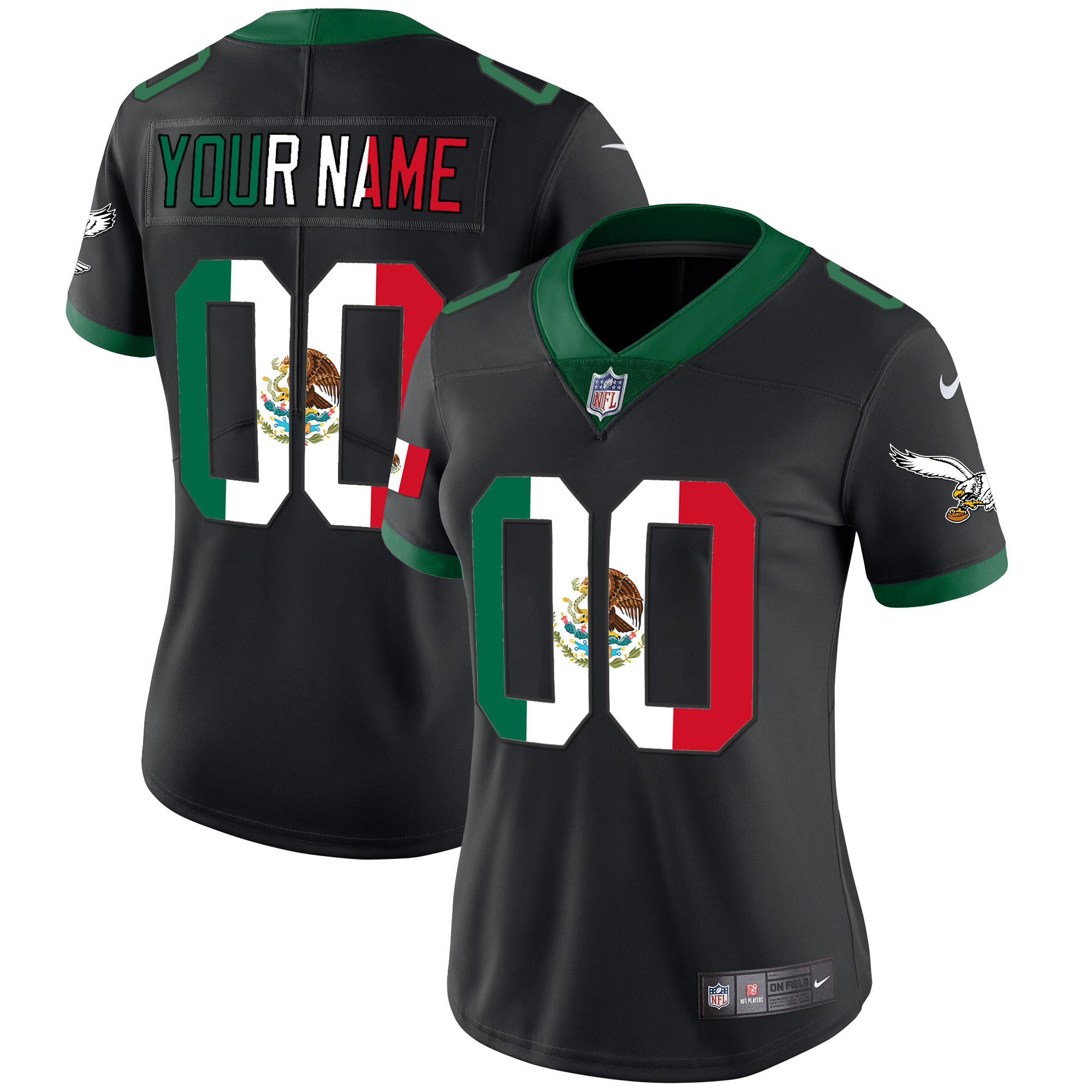 Women's Philadelphia Eagles Mexico Gold & Kelly Vapor Custom Kelly Black Jersey - All Stitched