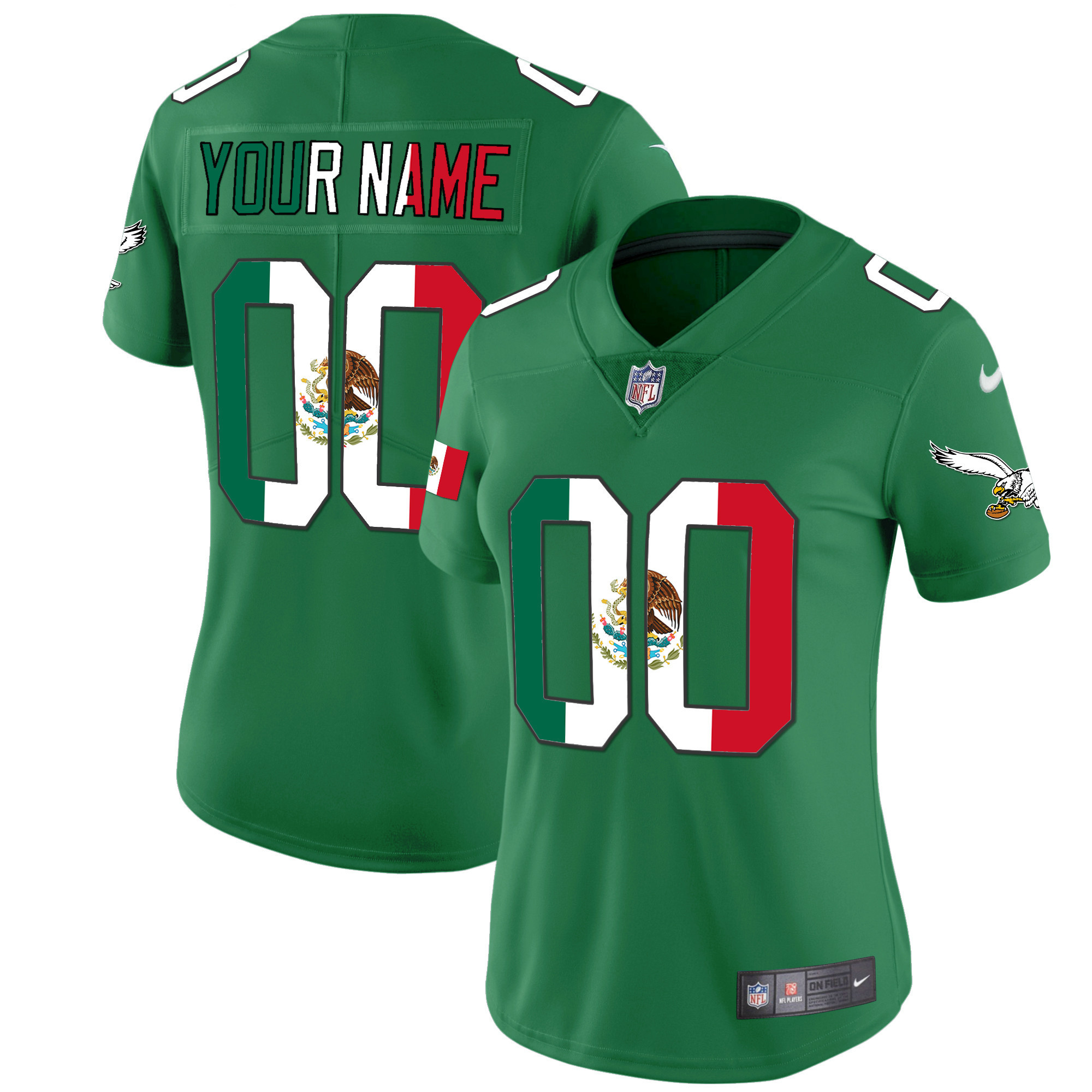 Women's Philadelphia Eagles Mexico Gold & Kelly Vapor Custom Kelly Green Jersey - All Stitched