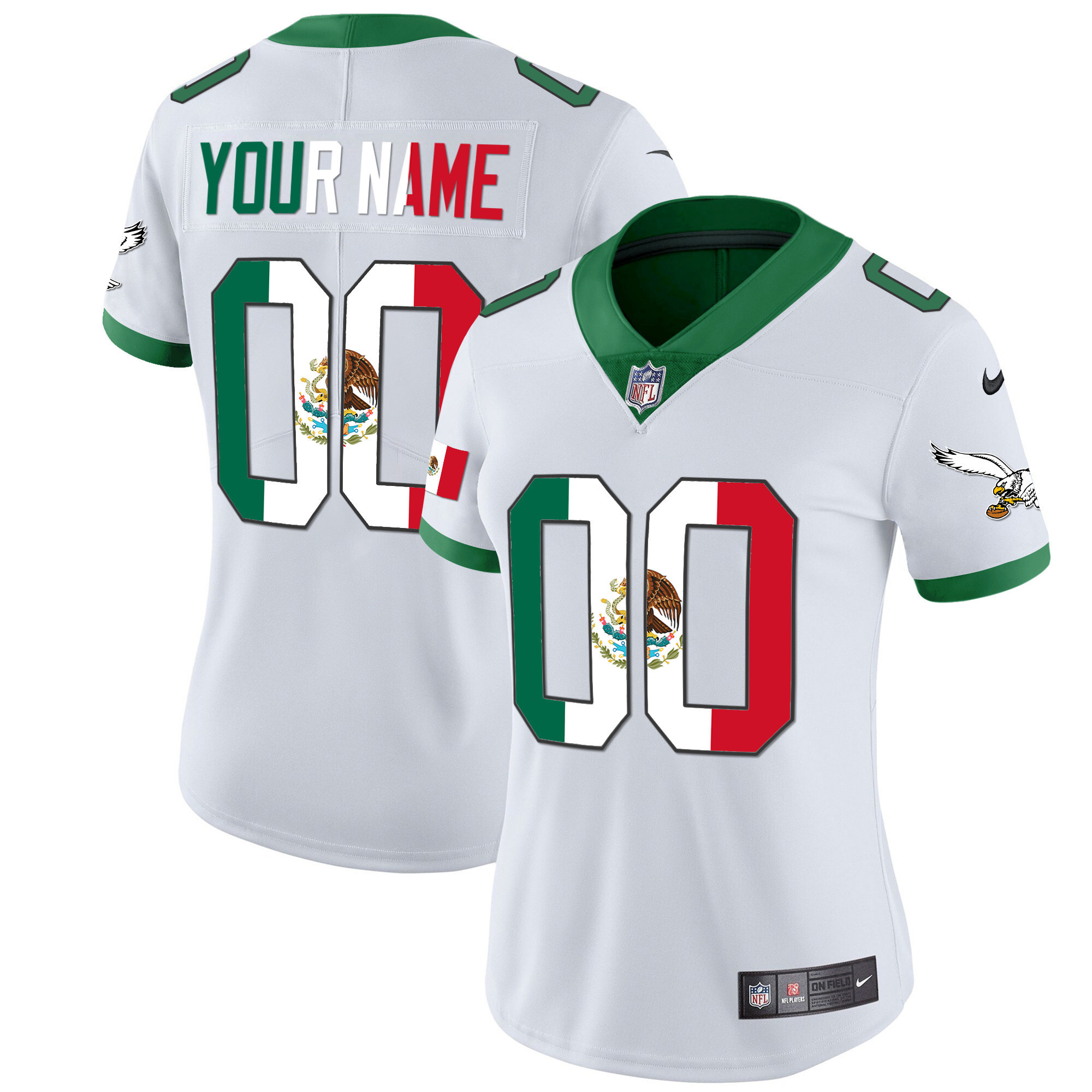 Women's Philadelphia Eagles Mexico Gold & Kelly Vapor Custom Kelly White Jersey - All Stitched