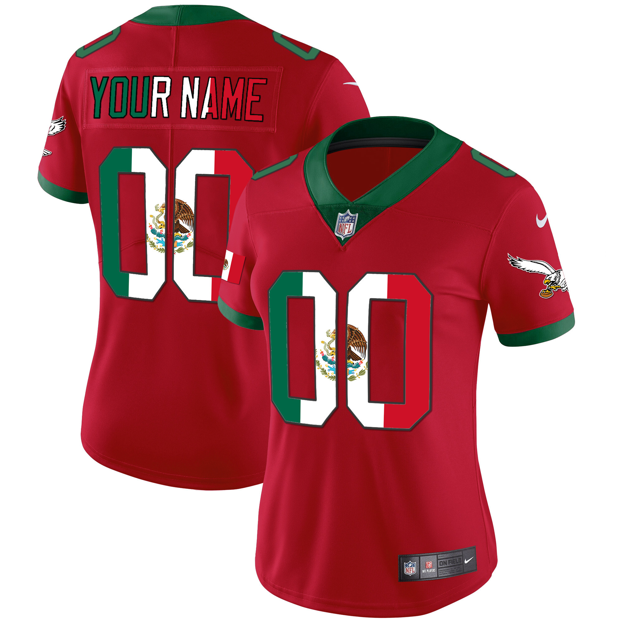 Women's Philadelphia Eagles Mexico Gold & Kelly Vapor Custom Red Jersey - All Stitched