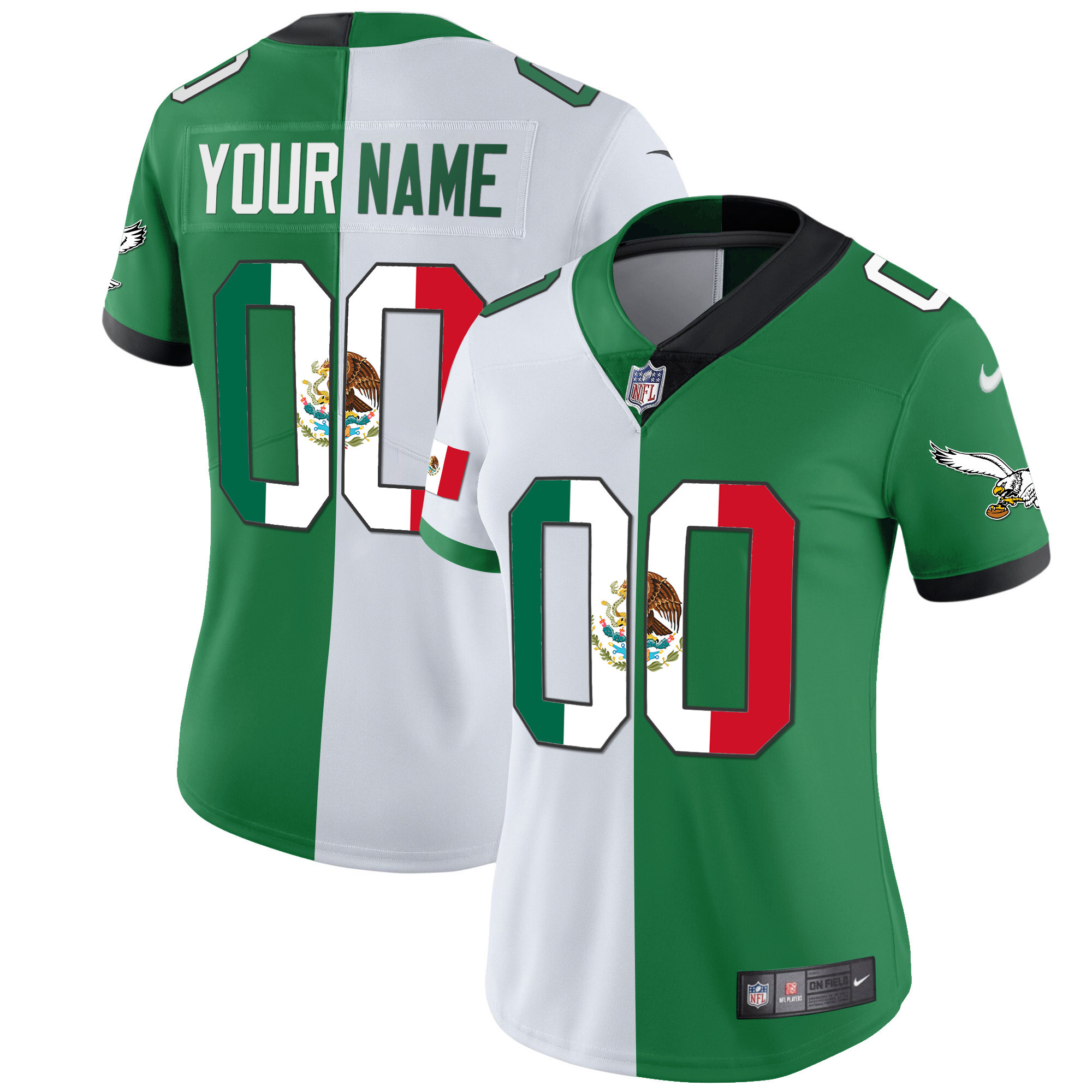 Women's Philadelphia Eagles Mexico Gold & Kelly Vapor Custom Split Jersey - All Stitched
