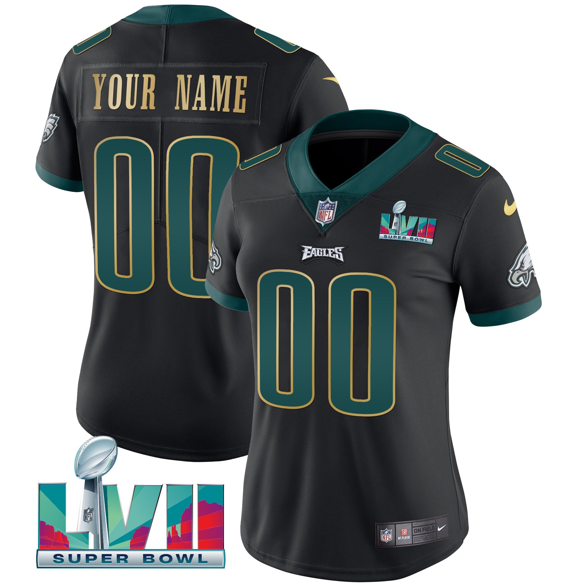 Women's Philadelphia Eagles Super Bowl Custom Patch Vapor Black Gold Trim Jersey - All Stitched