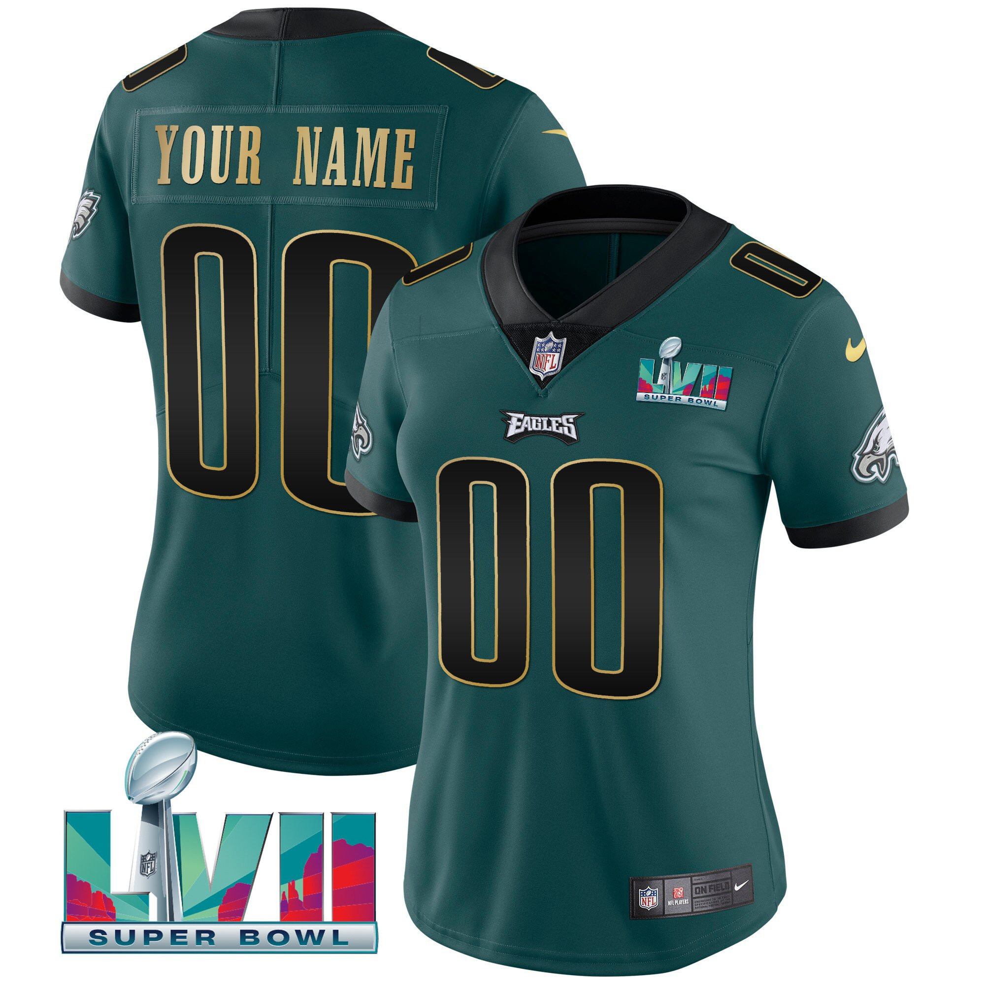Women's Philadelphia Eagles Super Bowl Custom Patch Vapor Midnight Green Gold Trim Jersey - All Stitched