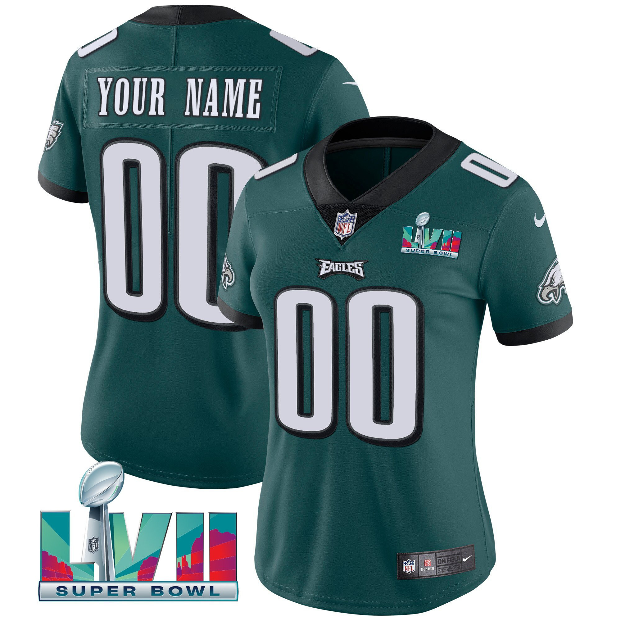 Women's Philadelphia Eagles Super Bowl Custom Patch Vapor Midnight Green Jersey - All Stitched